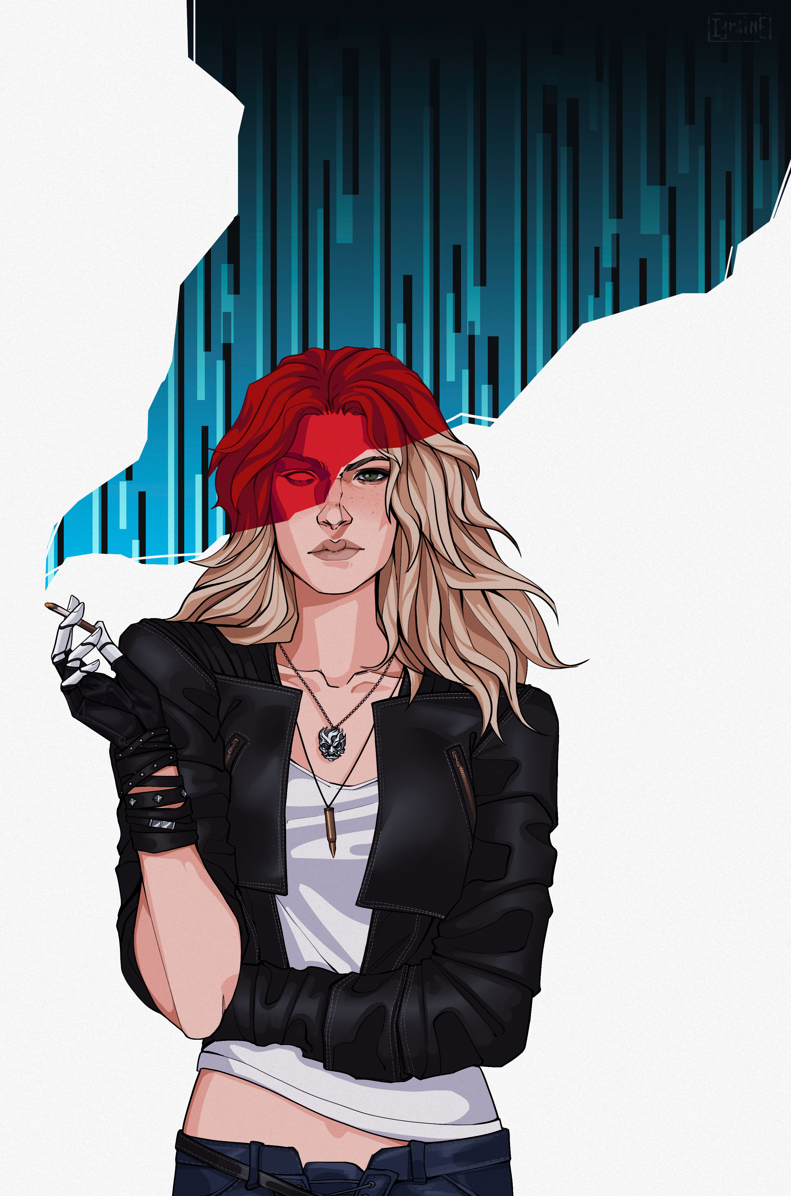 alt cunningham, cyberpunk (series), cyberpunk 2077, absurdres, highres, 1girl, black gloves, black jacket, blonde hair, cigarette, fingerless gloves, gloves, green eyes, holding, holding cigarette, igraine art, jacket, jewelry, long hair, looking at viewer, mechanical hands, necklace, open clothes, open jacket, shirt, single mechanical hand, solo, upper body, white shirt