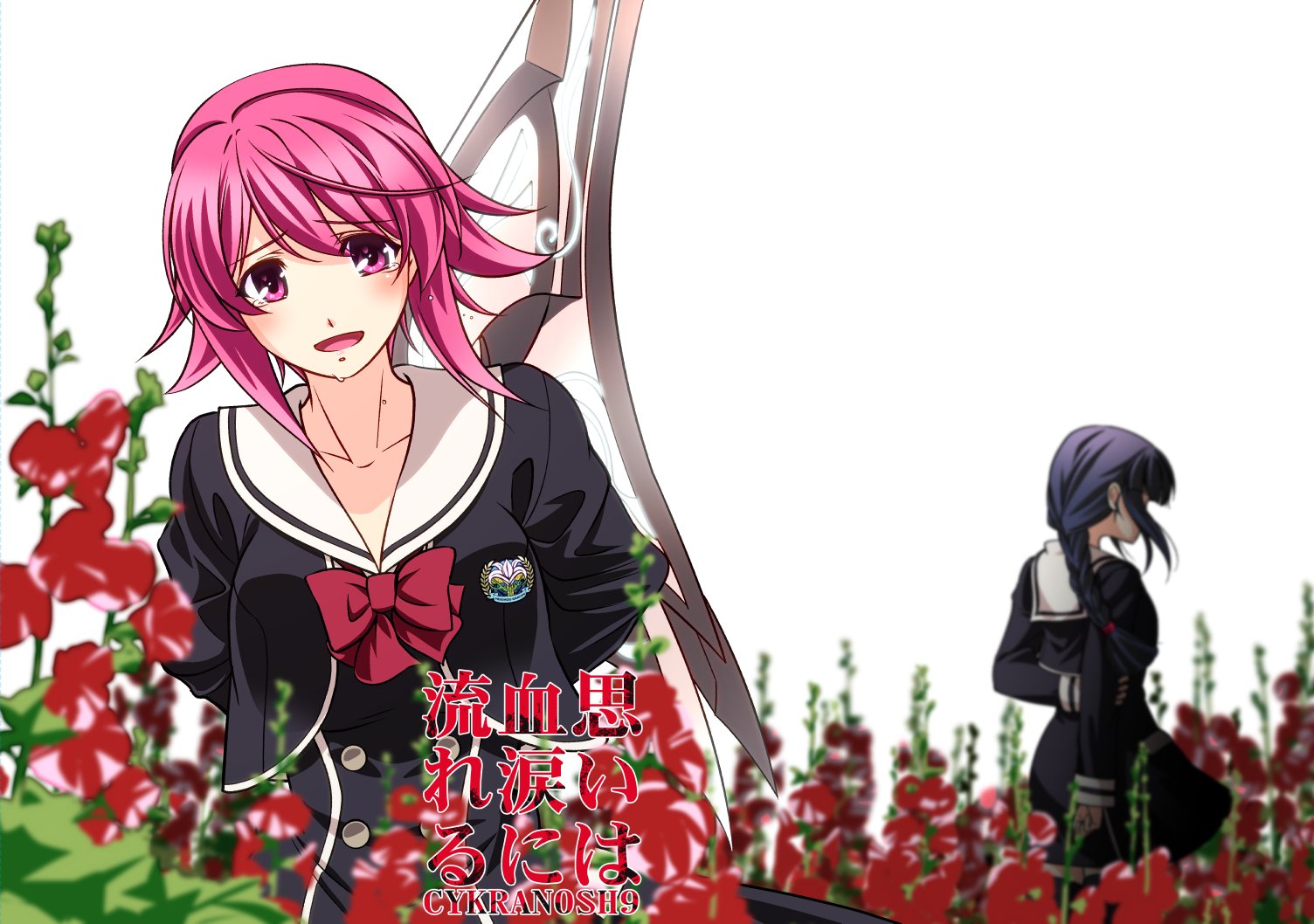 eibon, onoe serika, chaos;child, science adventure, character request, 2girls, black thighhighs, blunt bangs, blush, bow, breasts, buttons, cropped jacket, crying, crying with eyes open, d-sword, flower, from side, hekiho academy school uniform, holding, holding behind back, holding sword, holding sword behind back, holding weapon, holding weapon behind back, long hair, long sleeves, looking at viewer, medium breasts, miniskirt, multiple girls, open mouth, pink eyes, pink hair, purple hair, red flower, rose, school emblem, school uniform, skirt, smile, standing, sword, teardrop, tears, thighhighs, upper body, weapon