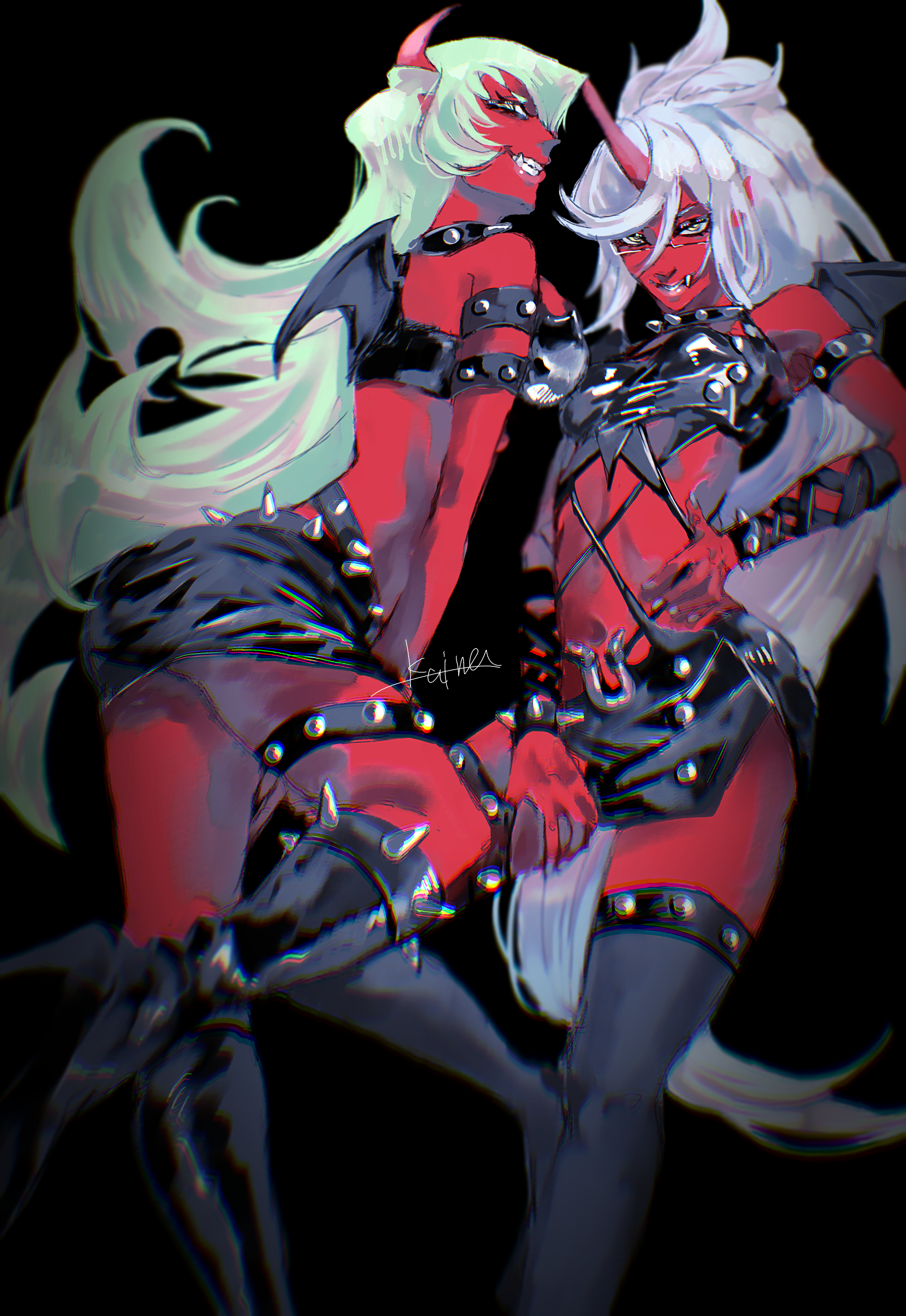 kneesocks (psg), scanty (psg), panty & stocking with garterbelt, absurdres, highres, 2girls, blue hair, breasts, colored skin, demon girl, demon horns, demon wings, green hair, horns, kaina 11, large breasts, long hair, looking at viewer, medium breasts, multiple girls, red skin, revealing clothes, wings