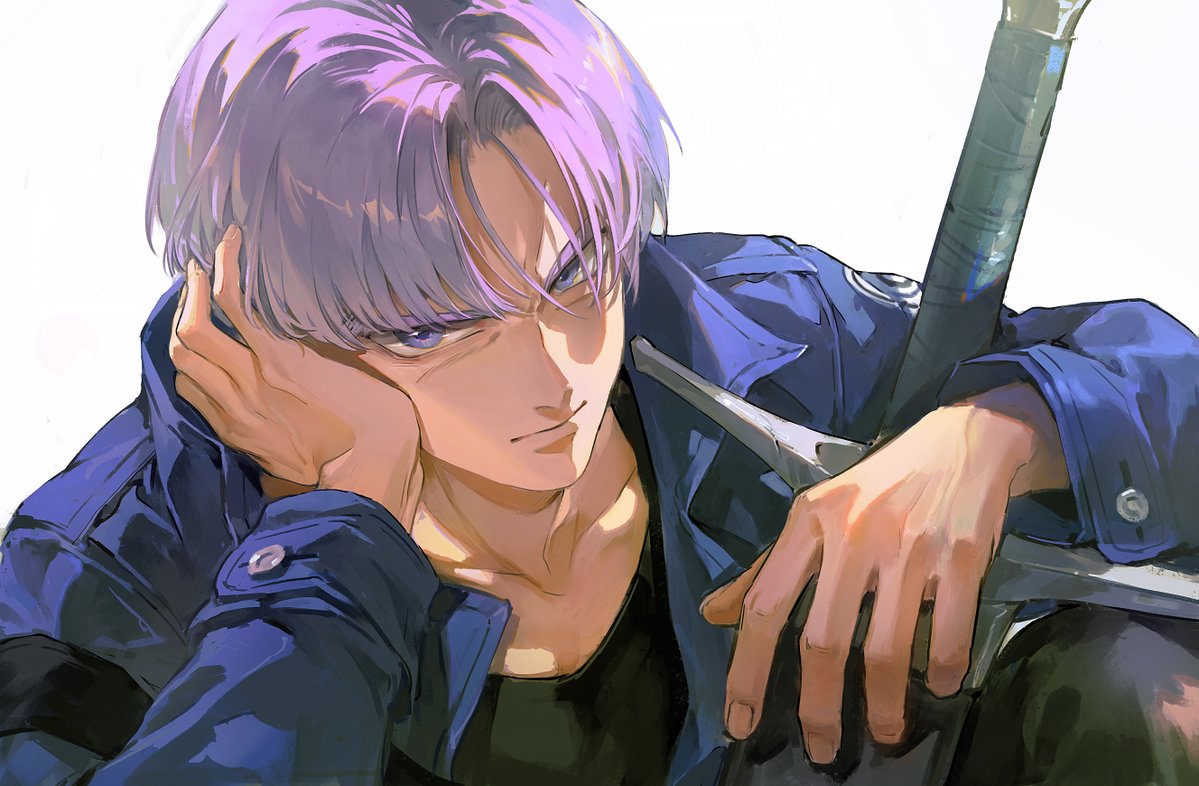 sawamaharu, trunks (dragon ball), trunks (future) (dragon ball), dragon ball, dragonball z, 1boy, black pants, black shirt, blue jacket, closed mouth, hair between eyes, head rest, holding, holding sword, holding weapon, jacket, looking at viewer, male focus, open clothes, pants, purple hair, shirt, simple background, solo, sword, upper body, weapon, white background