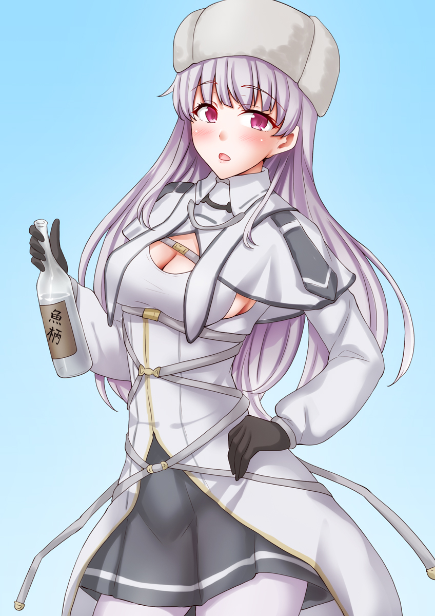 anti (untea9), kirov (kancolle), kantai collection, highres, 1girl, alcohol, battle, black gloves, blue skirt, blush, breasts, cleavage, dress, fur hat, gloves, grey overskirt, hat, large breasts, long hair, looking at viewer, medium breasts, pantyhose, papakha, pink eyes, pink hair, pleated skirt, skirt, solo, white dress, white hat, white overskirt, white pantyhose