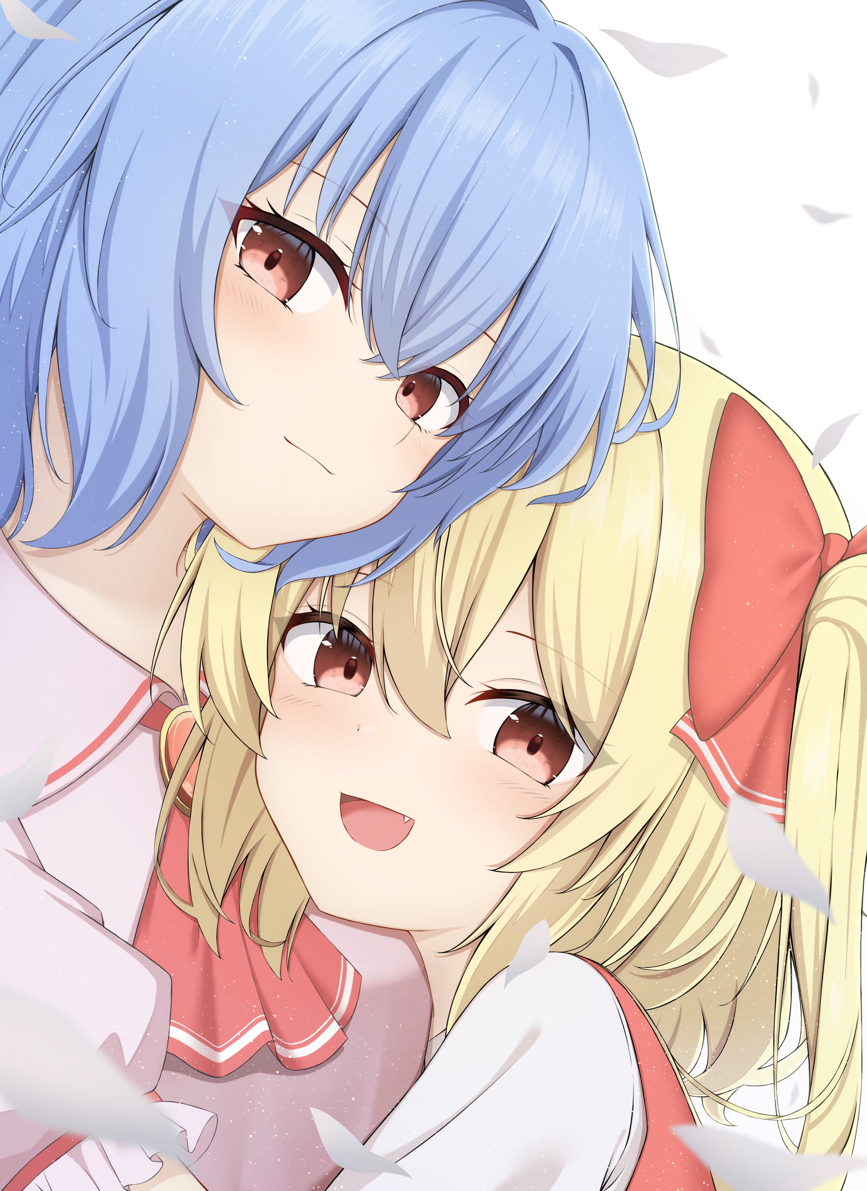szl, flandre scarlet, remilia scarlet, touhou, absurdres, commentary request, highres, 2girls, :d, ascot, blush, bow, closed mouth, collared shirt, eyelashes, eyes visible through hair, fang, hair between eyes, hair bow, hair intakes, happy, hug, looking at viewer, medium hair, multiple girls, no headwear, one side up, open mouth, pink shirt, red ascot, red bow, red eyes, shirt, siblings, simple background, sisters, smile, straight hair, tsurime, upper body, white background, white shirt