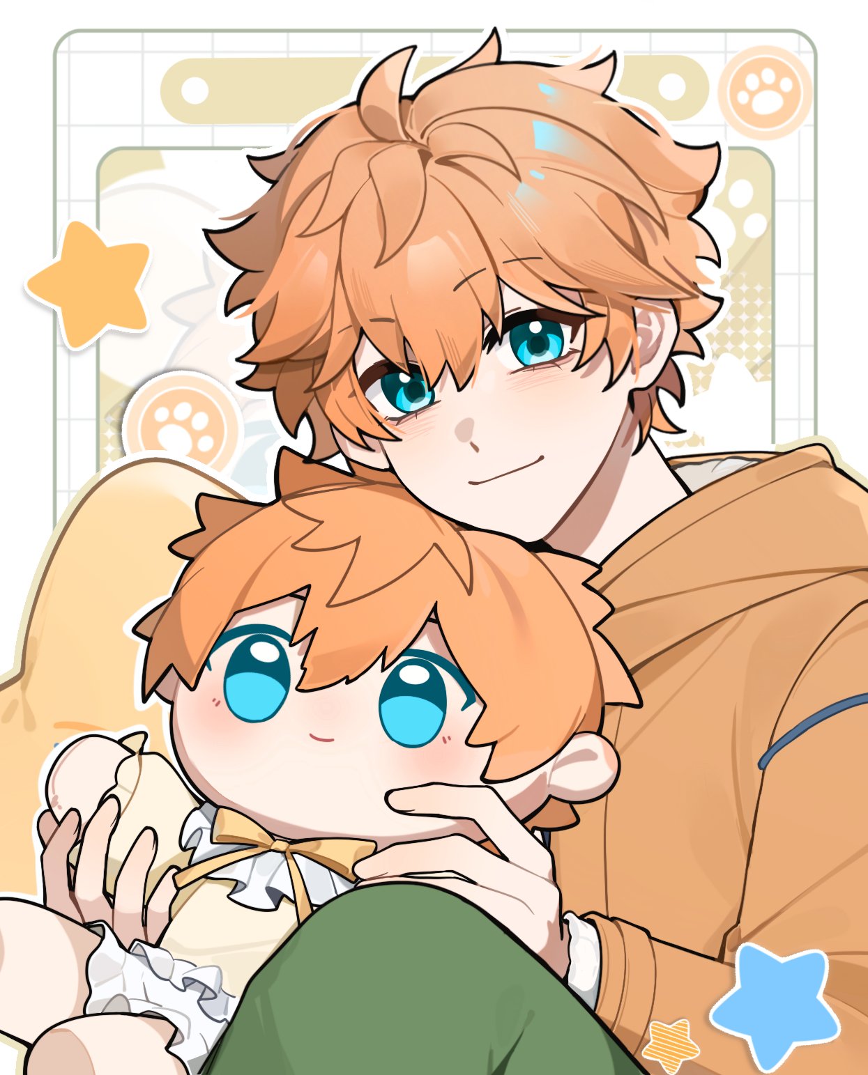 akehoshi subaru, ensemble stars!, highres, 1boy, alternate costume, aqua eyes, bow, closed mouth, hair between eyes, holding, holding stuffed toy, hood, hoodie, long sleeves, looking at viewer, male focus, orange bow, orange hair, orange hoodie, paw print, short hair, smile, solo, star (symbol), stuffed toy, yyq1919