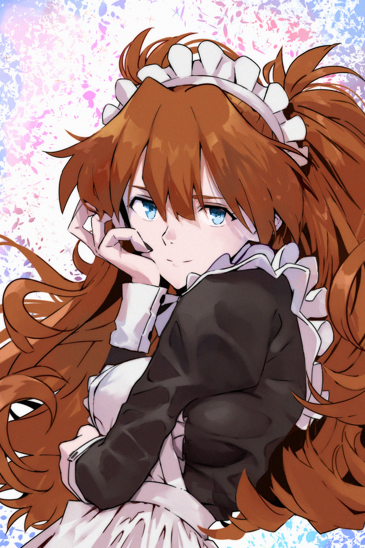 yagisawa teru, souryuu asuka langley, neon genesis evangelion, highres, 1girl, alternate costume, apron, black nails, blue eyes, breasts, enmaided, frilled apron, frills, long hair, looking at viewer, maid, maid apron, maid headdress, medium breasts, orange hair, smile, two side up, white apron