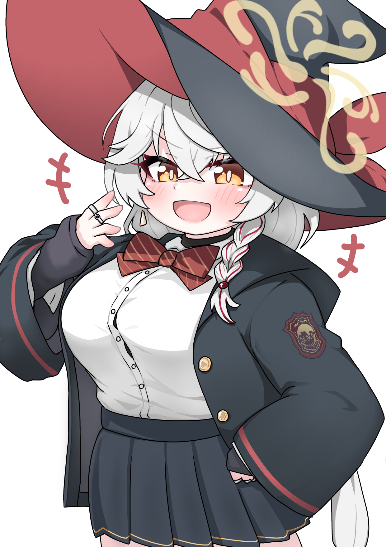 tomimon, eri (blue archive), blue archive, highres, +++, 1girl, black hat, black jacket, black skirt, bow, braid, breasts, brown eyes, collared shirt, diagonal-striped bow, dress shirt, grey hair, hair between eyes, halo, hand up, hat, jacket, jewelry, large breasts, long hair, long sleeves, multicolored hair, open clothes, open jacket, pleated skirt, puffy long sleeves, puffy sleeves, red bow, red hair, ring, shirt, simple background, skirt, solo, streaked hair, striped bow, very long hair, white background, white shirt, wide sleeves, witch hat