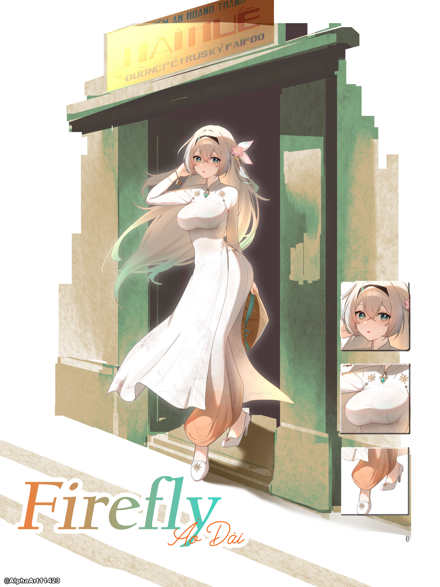 alphaart, firefly (honkai: star rail), honkai: star rail, honkai (series), absurdres, commentary, highres, paid reward available, 1girl, alternate costume, ao dai, black hairband, bra, bra visible through clothes, bracelet, breasts, character name, colored tips, dress, flower, full body, green bra, green eyes, green hair, grey hair, hair between eyes, hair flower, hair ornament, hairband, hand up, hat, high heels, holding, holding unworn clothes, holding unworn hat, jewelry, large breasts, long dress, long hair, long sleeves, looking at viewer, lotus, multicolored hair, pants, parted lips, shoes, solo, straw hat, twitter username, underwear, unworn hat, unworn headwear, vietnamese text, white dress, white pants, white shoes