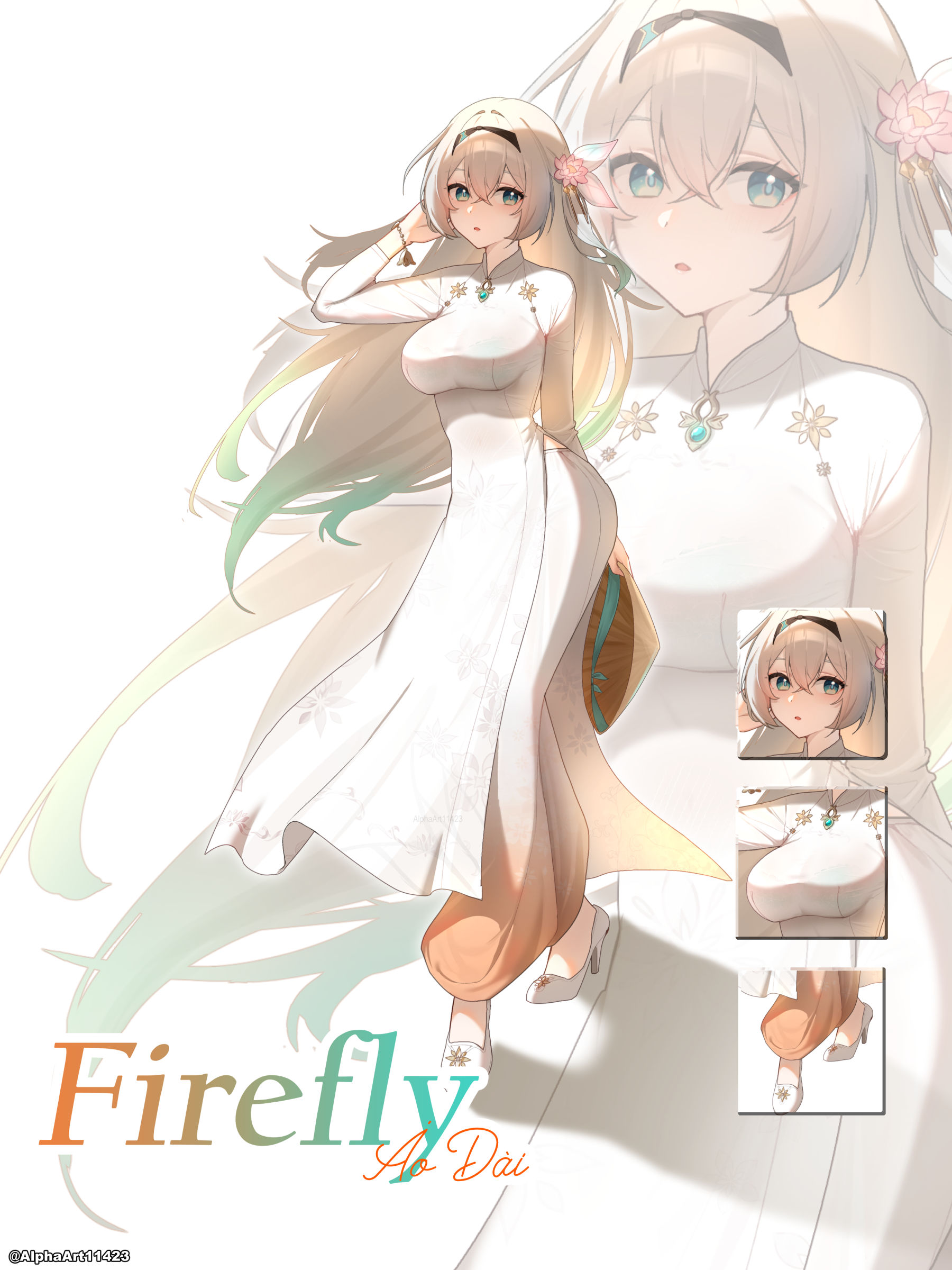 alphaart, firefly (honkai: star rail), honkai: star rail, honkai (series), absurdres, commentary, highres, paid reward available, 1girl, alternate costume, ao dai, black hairband, bra, bra visible through clothes, bracelet, breasts, character name, colored tips, dress, flower, full body, green bra, green eyes, green hair, grey hair, hair between eyes, hair flower, hair ornament, hairband, hand up, hat, high heels, holding, holding unworn clothes, holding unworn hat, jewelry, large breasts, long dress, long hair, long sleeves, looking at viewer, lotus, multicolored hair, pants, parted lips, shoes, solo, straw hat, twitter username, underwear, unworn hat, unworn headwear, white dress, white pants, white shoes