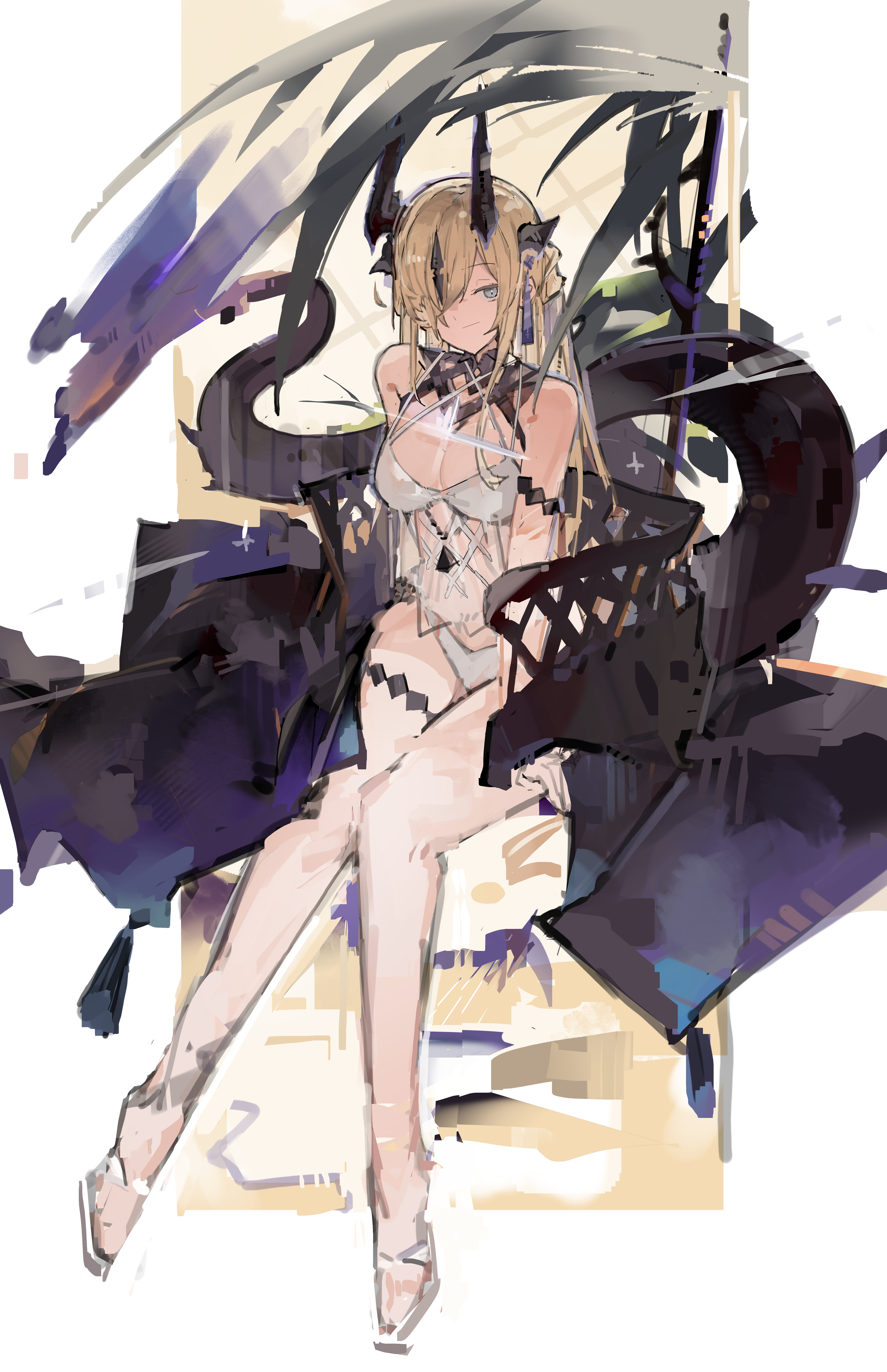jumbowhopper, necrass (arknights), necrass (summer flowers) (arknights), arknights, absurdres, commentary, english commentary, highres, unfinished, 1girl, arm support, bikini, black coat, blonde hair, blue eyes, border, coat, cooking, dragon girl, dragon horns, dragon tail, dress, horns, long hair, off-shoulder dress, off shoulder, simple background, sitting, smile, solo, swimsuit, tail, thigh strap, white background, white bikini