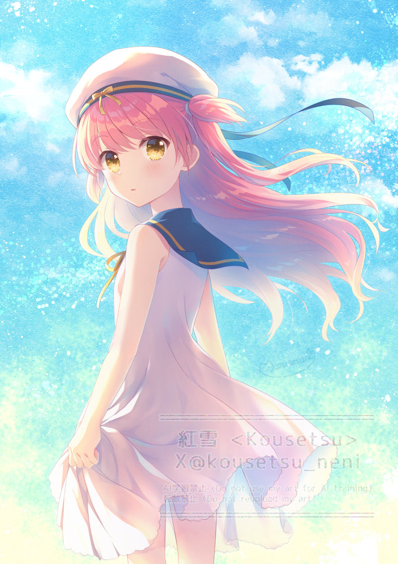 kousetsu, katou umi, summer pockets, commentary, paid reward available, 1girl, alternate eye color, arms at sides, backlighting, black ribbon, blue sailor collar, blue sky, blush, cloud, cowboy shot, day, dress, floating hair, from behind, hair between eyes, hat, hat ribbon, long hair, looking at viewer, looking back, outdoors, parted lips, pink hair, ribbon, sailor collar, sailor dress, sailor hat, skirt hold, sky, sleeveless, sleeveless dress, solo, twitter username, two side up, very long hair, watermark, white dress, white hat, wind, yellow eyes, yellow ribbon