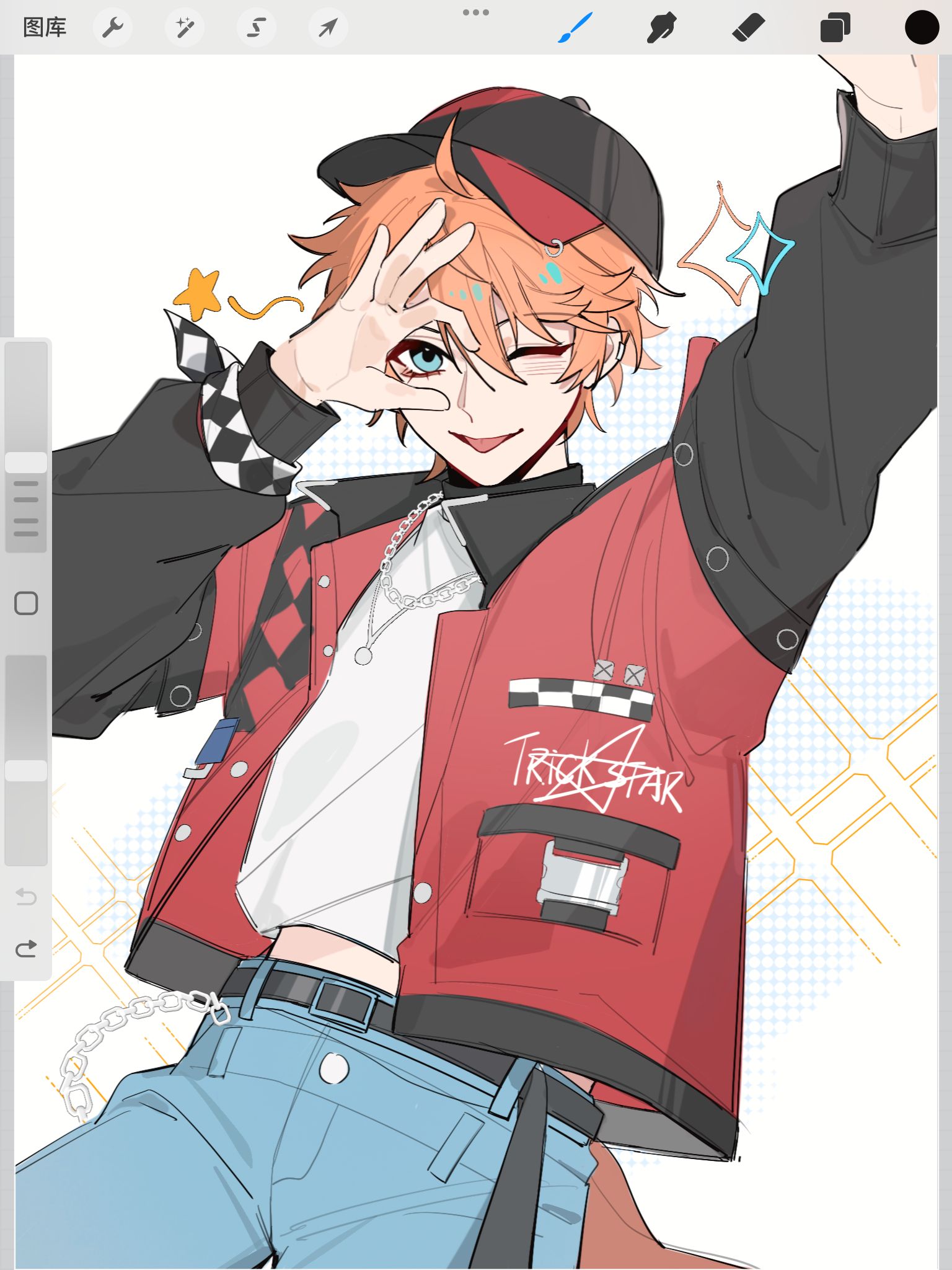 akehoshi subaru, ensemble stars!, highres, 1boy, ahoge, arm up, art program in frame, baseball cap, belt, black belt, black hair, blue eyes, blue pants, chain, chain necklace, cowboy shot, hat, jacket, jewelry, long sleeves, looking at viewer, male focus, midriff peek, necklace, ok sign, one eye closed, open clothes, open jacket, pants, solo, star (symbol), tongue, tongue out, yyq1919