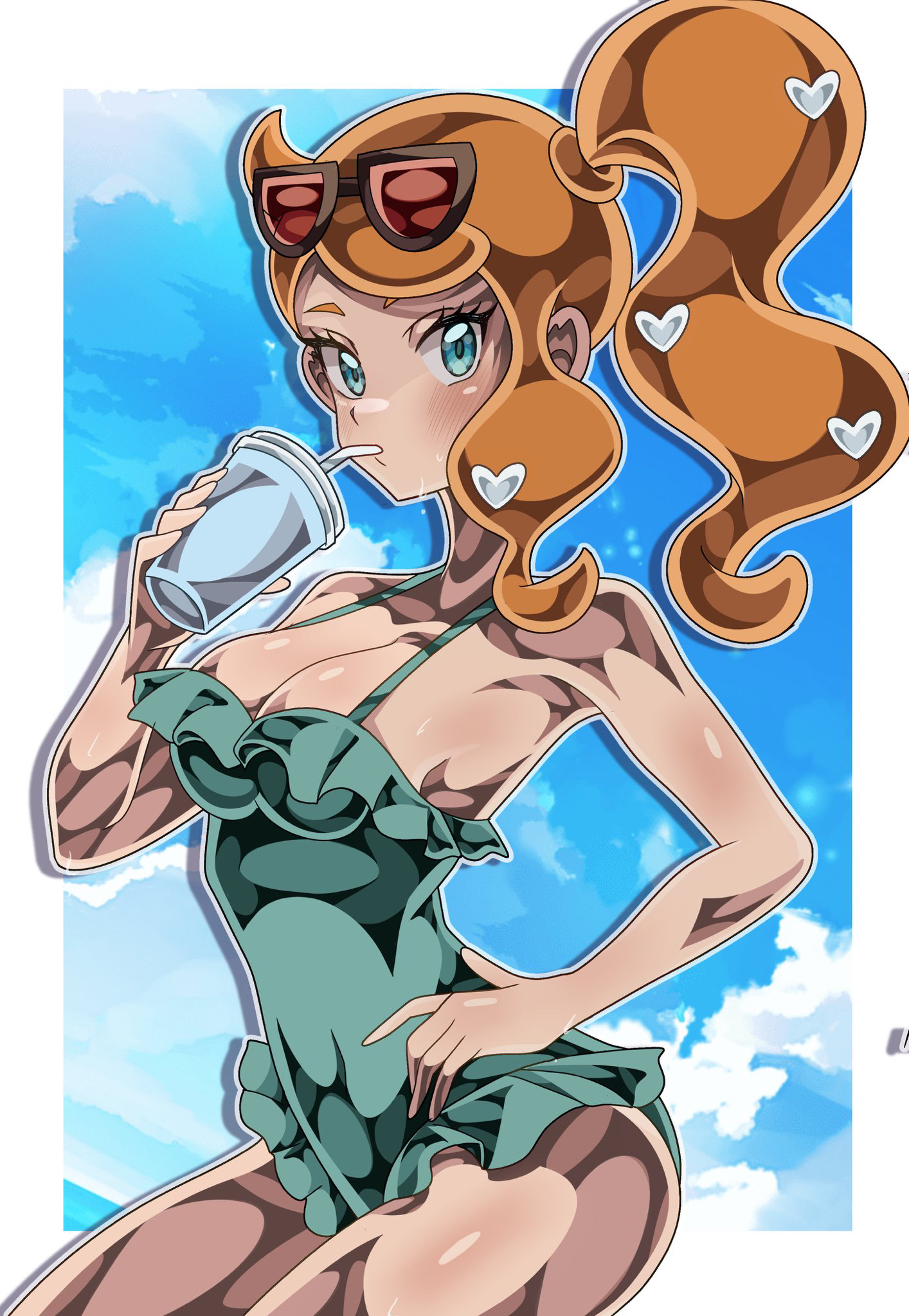 shiki (kisikisi1007), sonia (pokemon), nintendo, pokemon, pokemon swsh, highres, 1girl, alternate costume, blue eyes, blue sky, blush, border, breasts, closed mouth, cloud, cup, disposable cup, eyewear on head, green one-piece swimsuit, hair ornament, hand on own hip, heart, heart hair ornament, holding, holding cup, large breasts, looking at viewer, one-piece swimsuit, orange hair, side ponytail, sky, solo, sunglasses, swimsuit, white border
