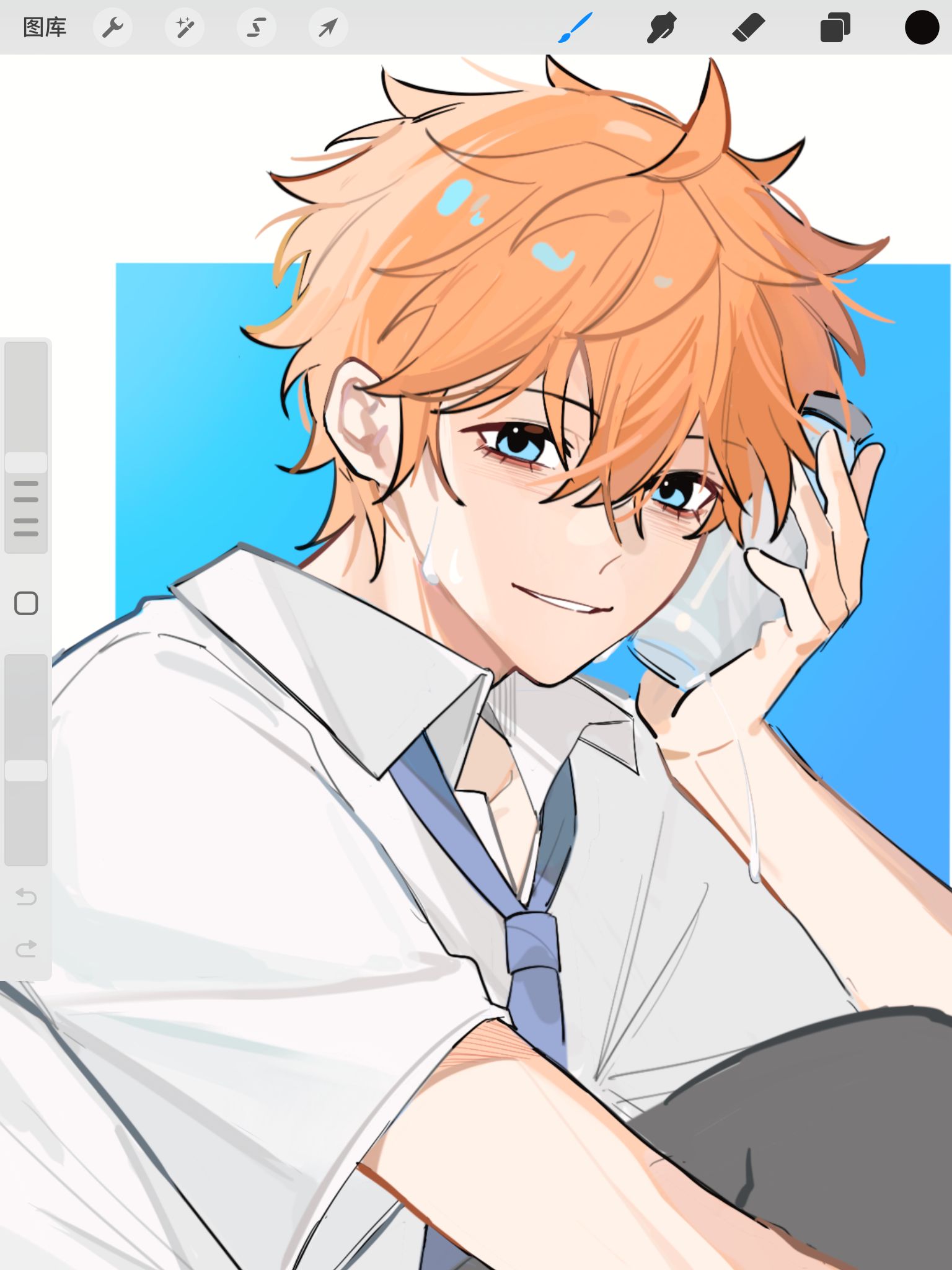 akehoshi subaru, ensemble stars!, highres, 1boy, aqua eyes, art program in frame, blue necktie, bottle, hair between eyes, holding, holding bottle, looking at viewer, male focus, necktie, orange hair, parted lips, shirt, short hair, short sleeves, smile, solo, sweat, white shirt, yyq1919
