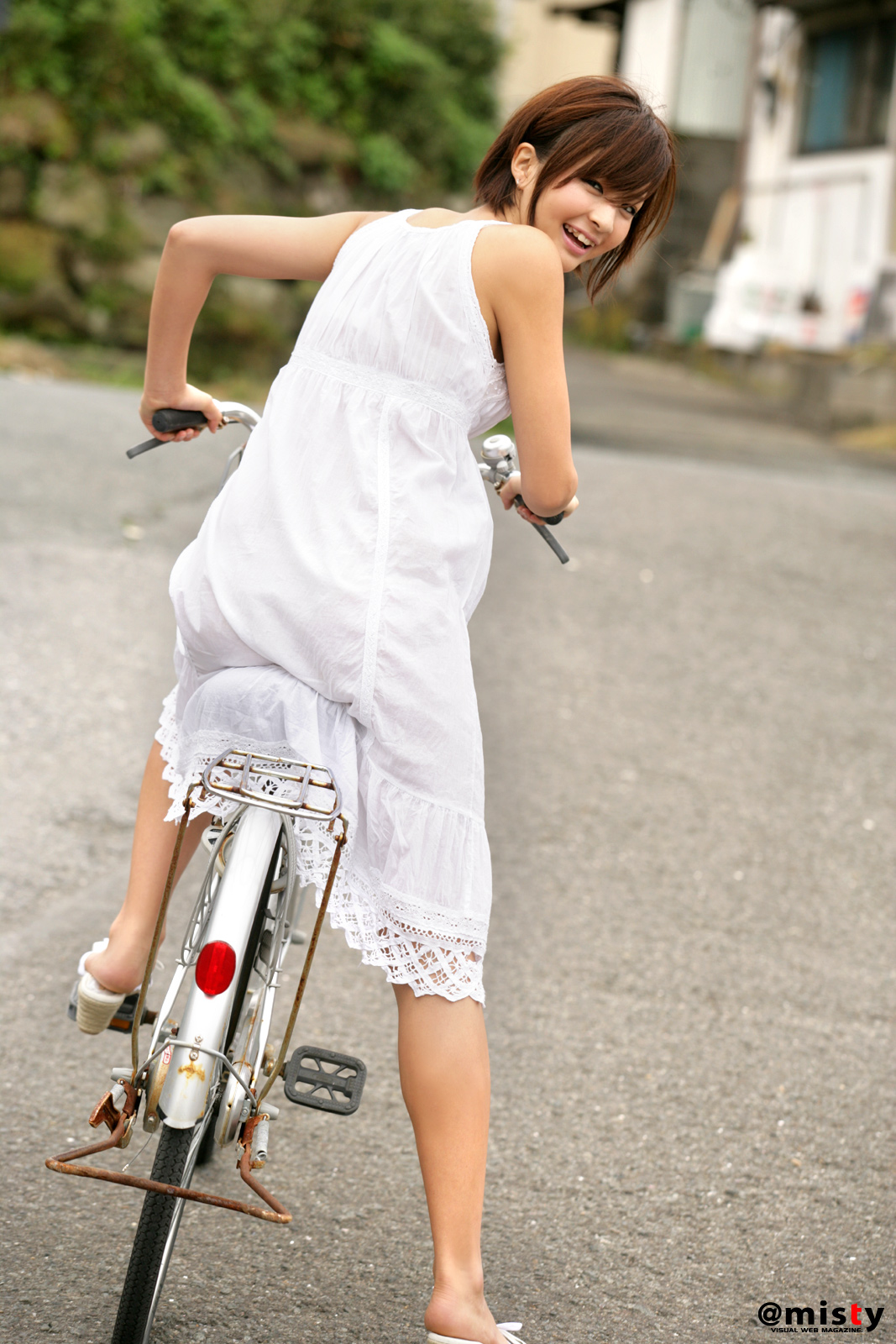 nagasaki rina, highres, photo (medium), bicycle, dress, short hair, sundress