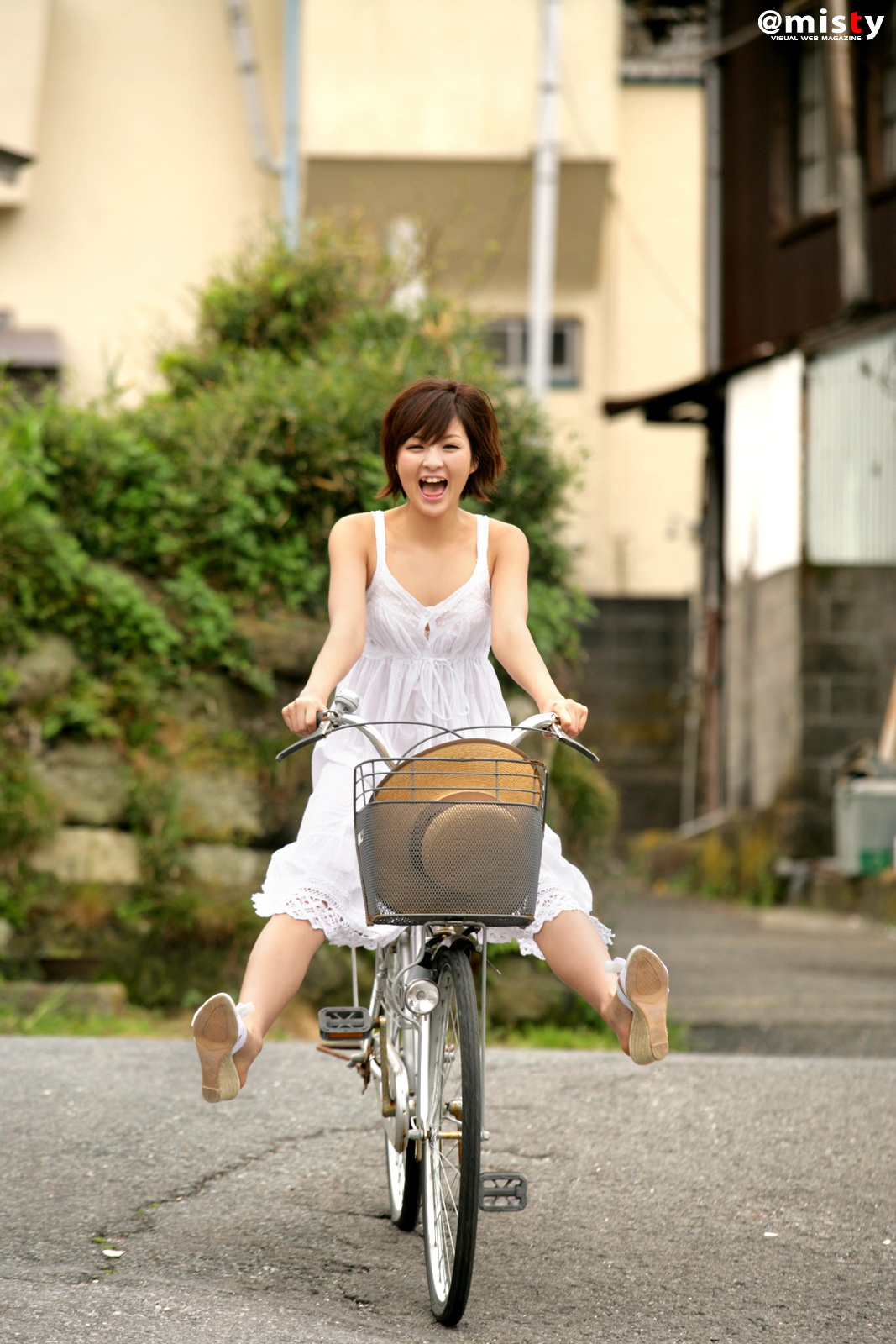 nagasaki rina, highres, photo (medium), bicycle, dress, short hair, sundress