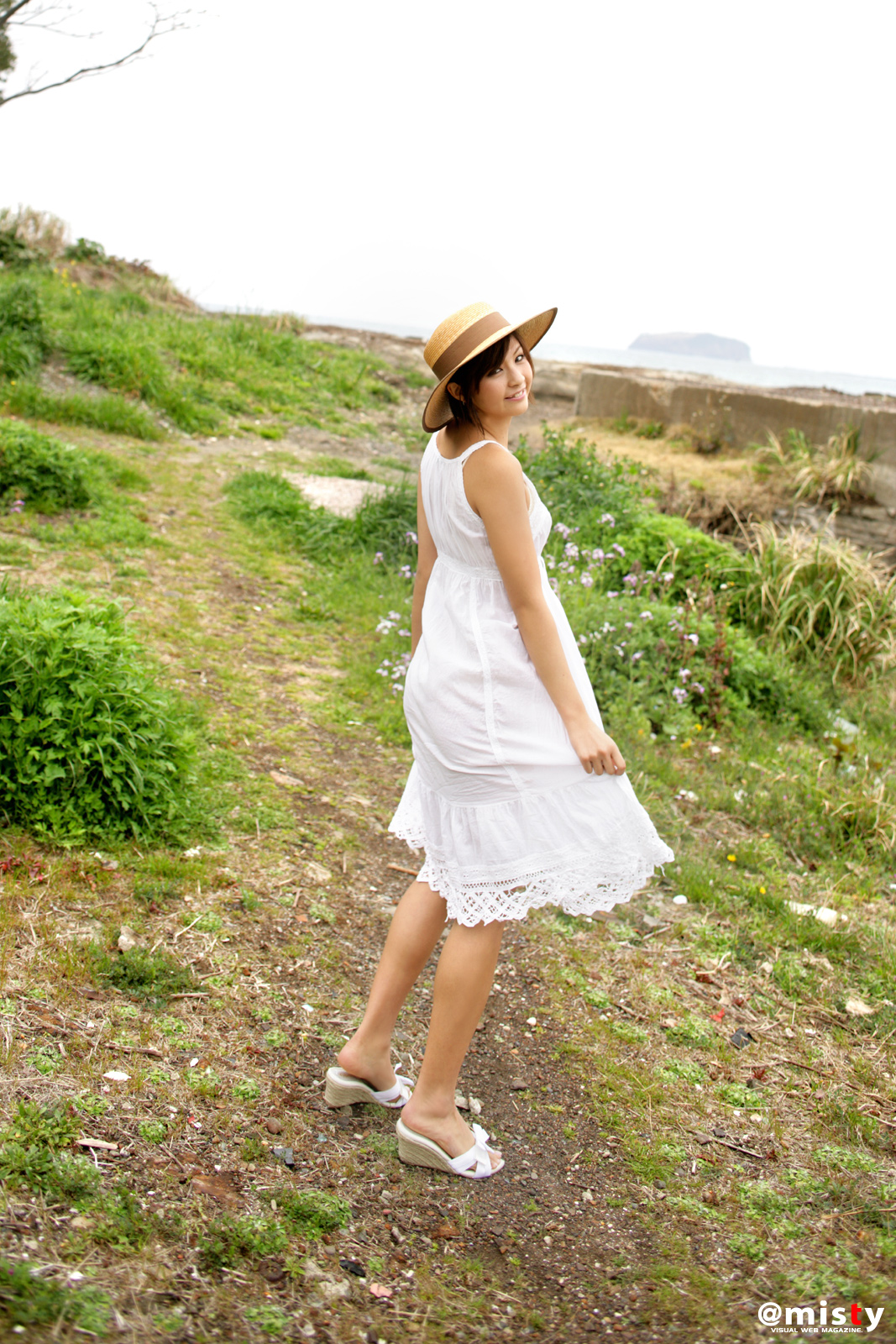 nagasaki rina, highres, photo (medium), dress, hat, short hair, straw hat, sundress