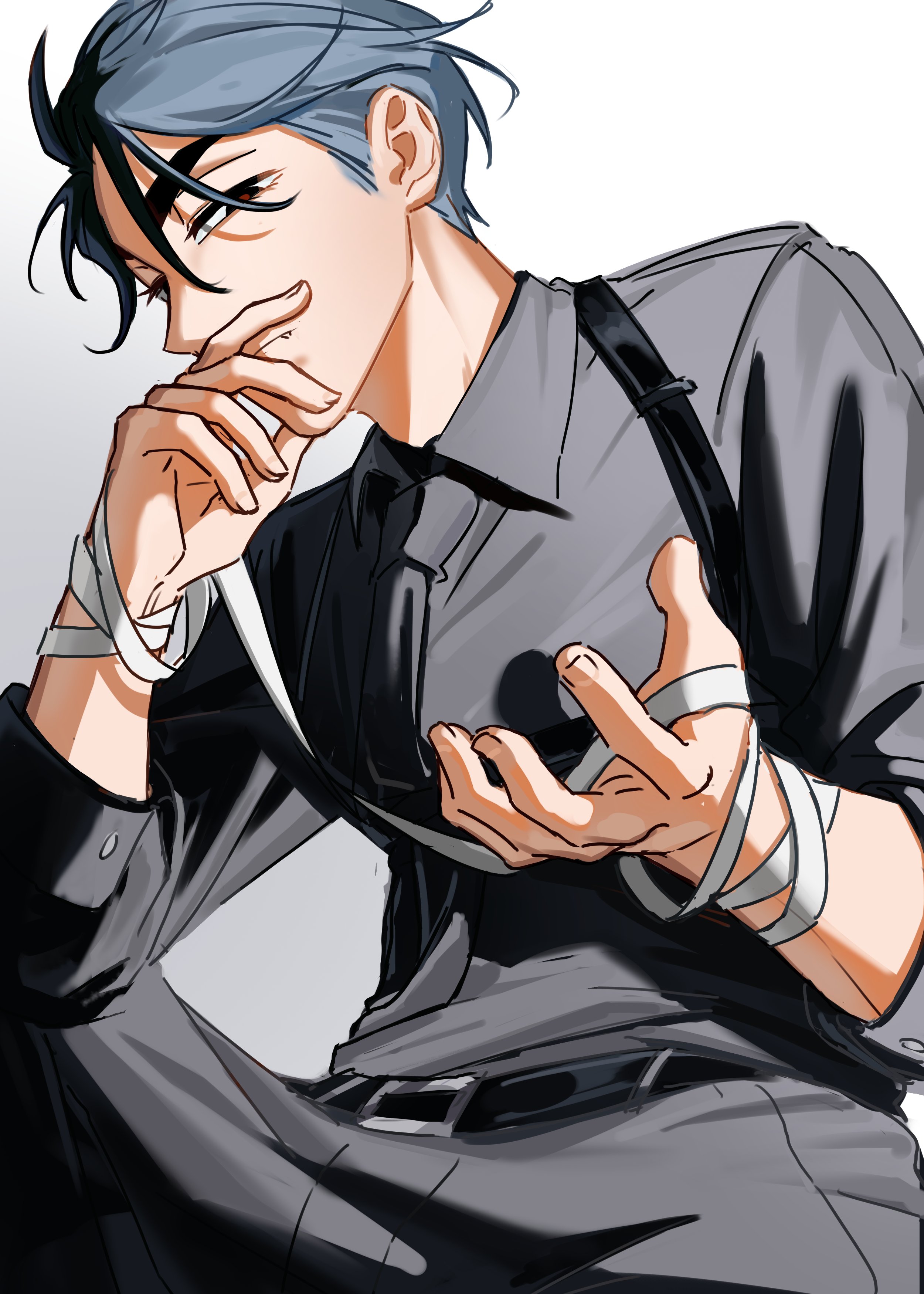 ivan (alien stage), alien stage, absurdres, commentary, english commentary, highres, 1boy, alternate costume, bandages, black eyes, black hair, black necktie, black shirt, closed mouth, collared shirt, fang, fang out, hand on own face, kuradrawings, male focus, necktie, red pupils, shirt, short hair, sitting, solo, suspenders, very short hair