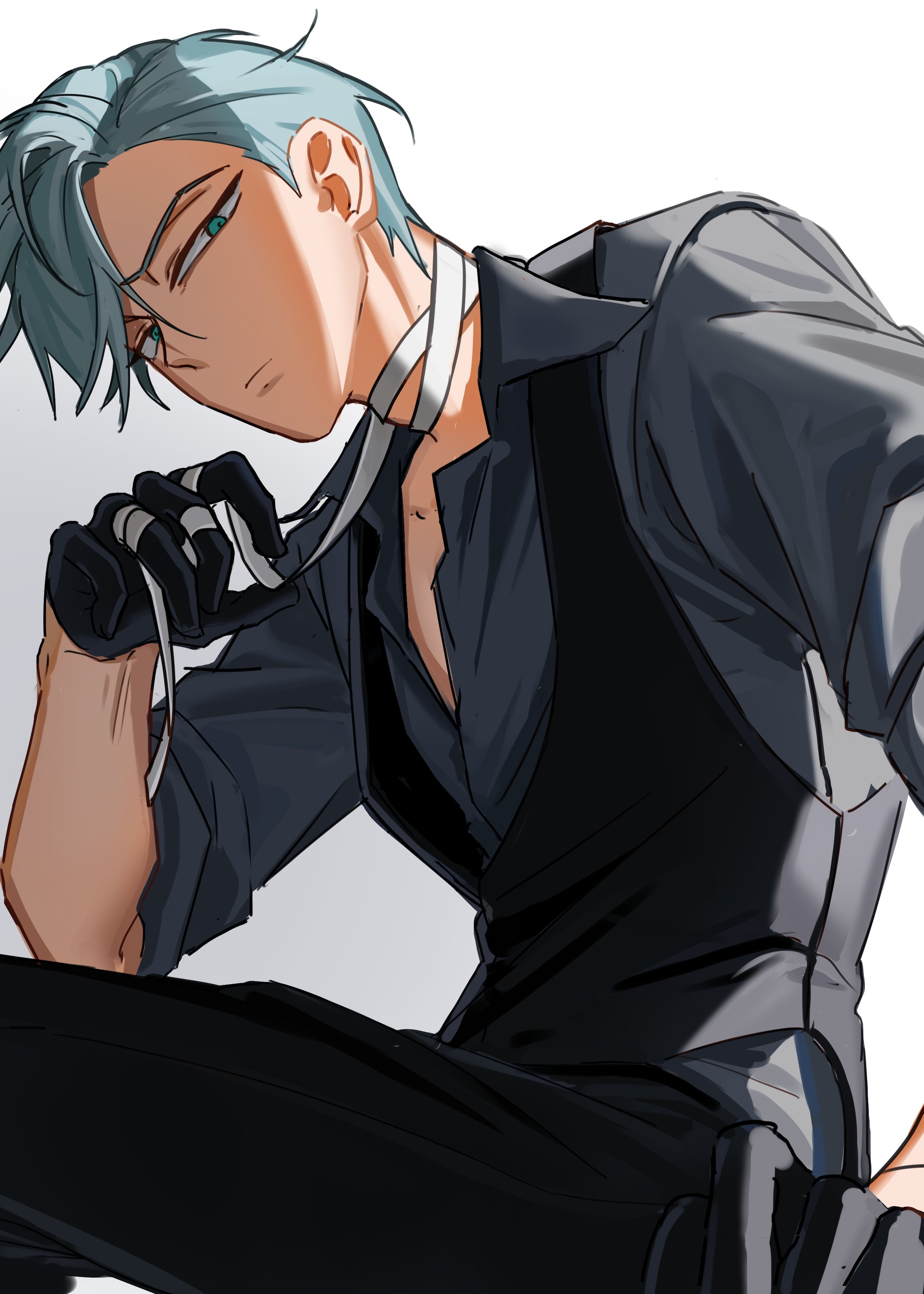 till (alien stage), alien stage, absurdres, commentary, english commentary, highres, 1boy, alternate costume, bandages, black gloves, black necktie, black pants, black vest, collared shirt, gloves, green eyes, grey hair, grey shirt, kuradrawings, male focus, necktie, pants, shirt, sitting, sleeves rolled up, solo, suspenders, vest, waistcoat