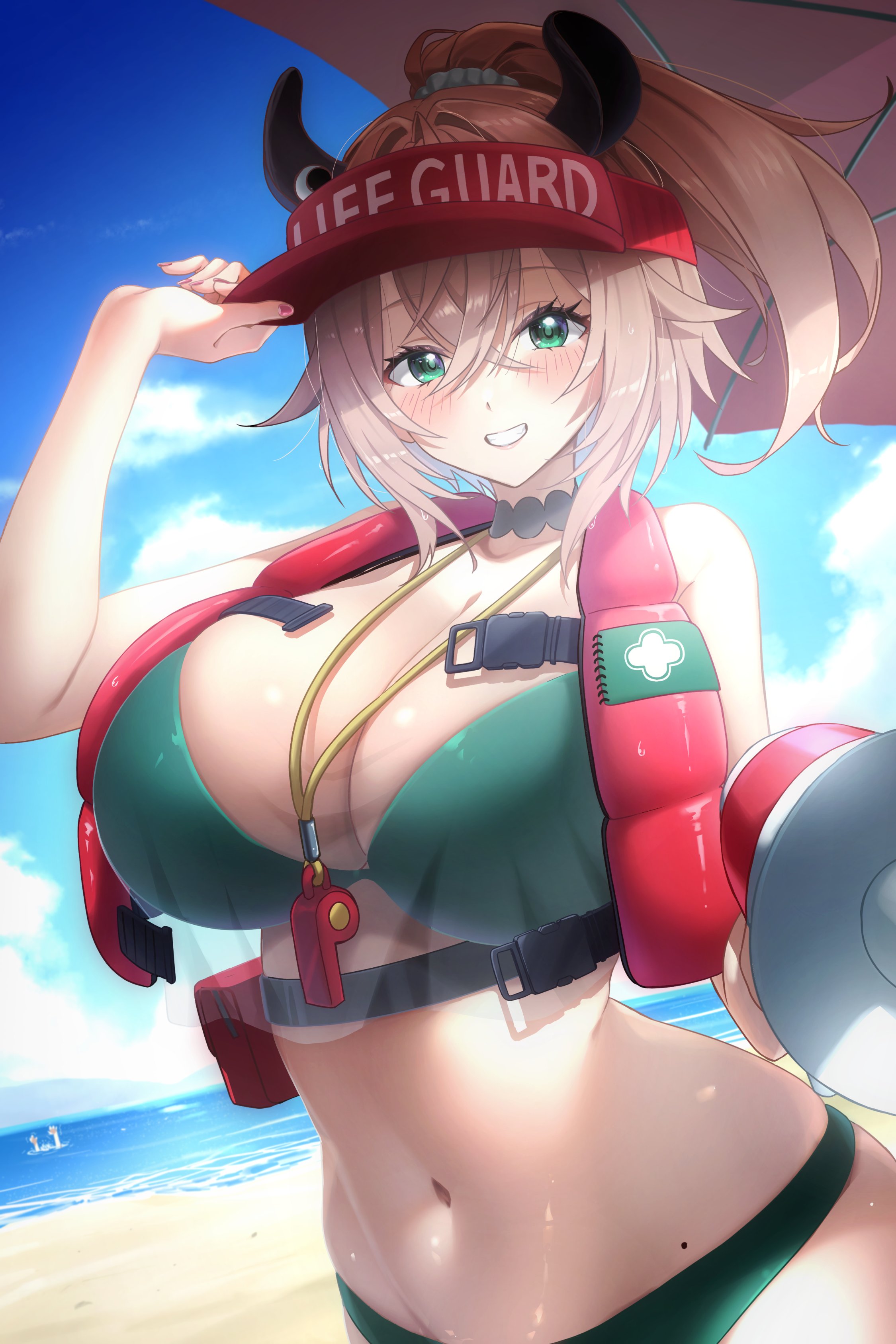 kay yu, nimi nightmare, nimi nightmare (lifeguard), indie virtual youtuber, absurdres, highres, 1girl, animal ears, beach, bikini, breasts, brown hair, cleavage, green bikini, green eyes, grin, hair ornament, hair scrunchie, large breasts, medium hair, mole, navel, ponytail, sand, scrunchie, smile, solo, stomach, swimsuit, tapir ears, tapir girl, teeth, virtual youtuber, visor cap, water