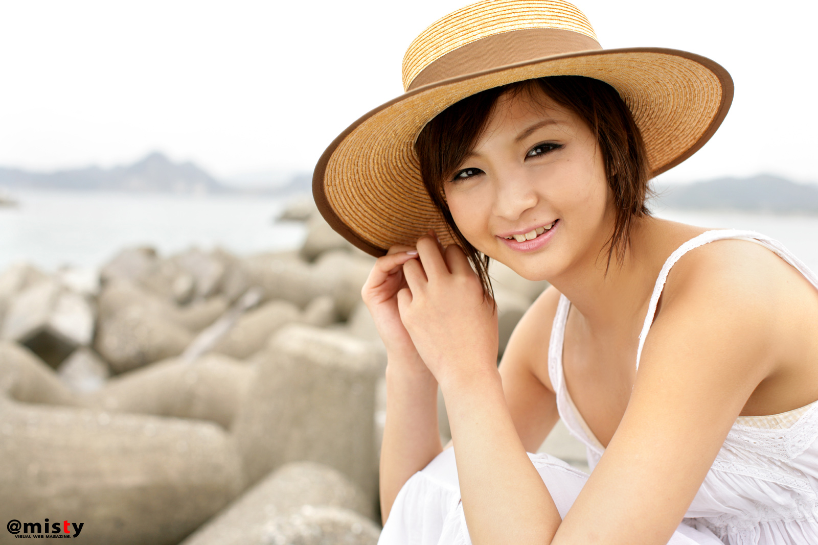 nagasaki rina, highres, photo (medium), dress, hat, short hair, straw hat, sundress
