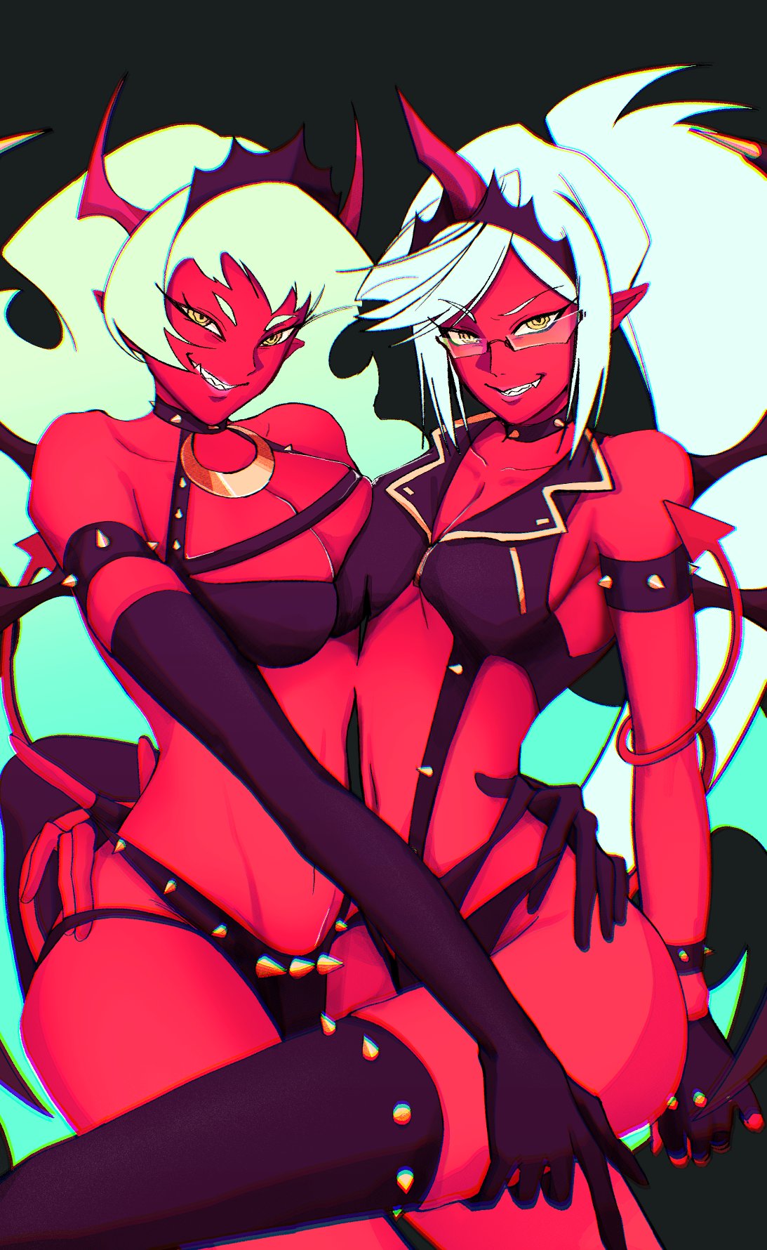 kneesocks (psg), scanty (psg), panty & stocking with garterbelt, commentary request, highres, 2girls, blue hair, breasts, colored skin, demon girl, demon horns, demon tail, demon wings, green eyes, green hair, horns, kuchiwasa, large breasts, long hair, looking at viewer, medium breasts, multiple girls, red skin, revealing clothes, tail, wings