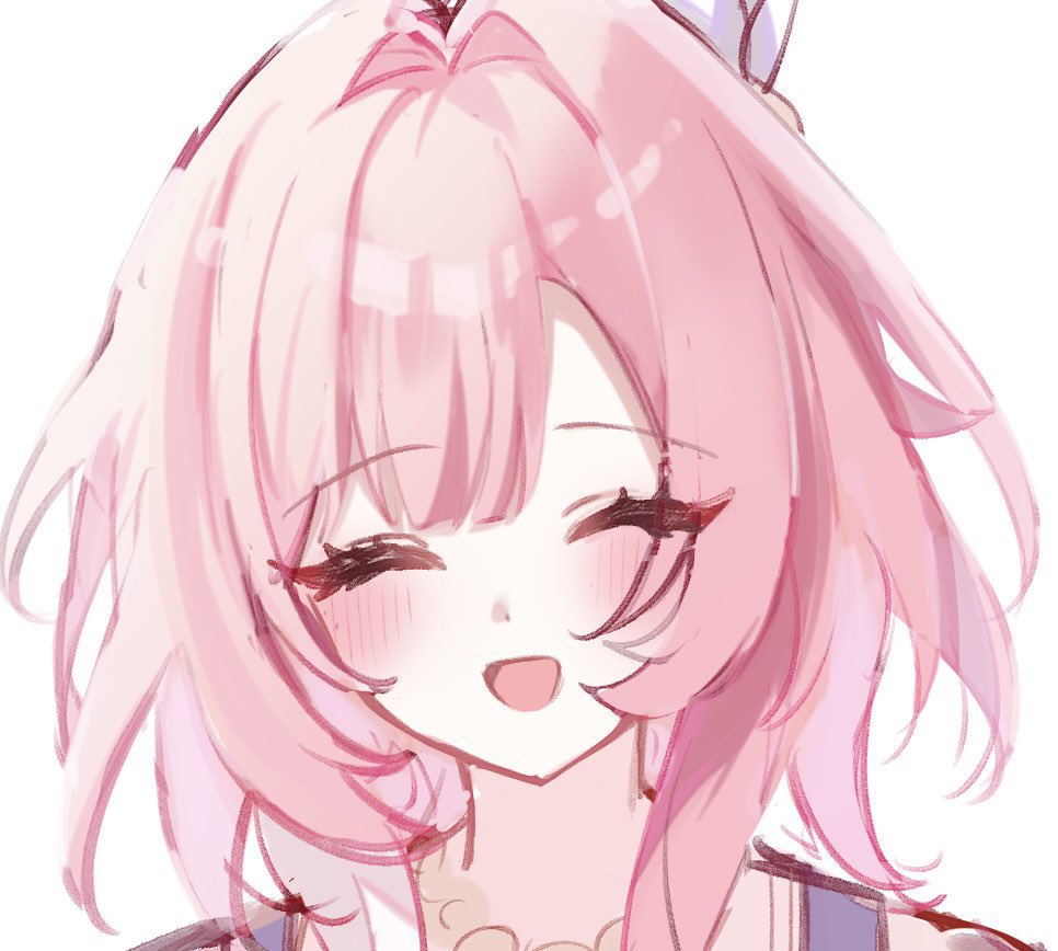 tdatnst, cyrene (honkai: star rail), honkai: star rail, honkai (series), 1girl, bare shoulders, hair ornament, jewelry, necklace, pink hair, portrait, short hair, simple background, smile, solo, white background, white hair