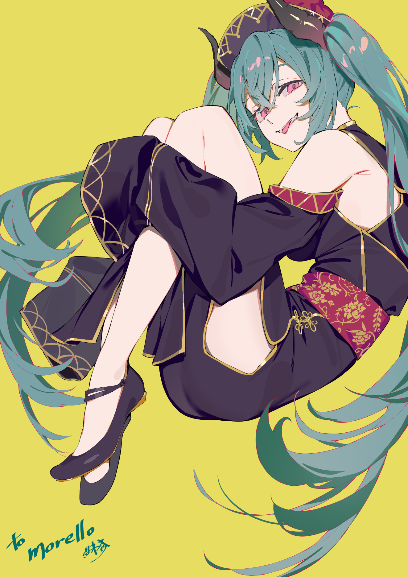 ibaraki shun, original, commentary request, commission, highres, skeb commission, 1girl, :p, ass, bare shoulders, black dress, black shoes, black sleeves, commissioner name, detached sleeves, dress, full body, gold trim, green hair, hat, horns, hugging own legs, knees up, long hair, looking at viewer, pink eyes, shoes, side slit, sidelocks, simple background, sleeves past fingers, sleeves past wrists, solo, tongue, tongue out, twintails, very long hair, yellow background