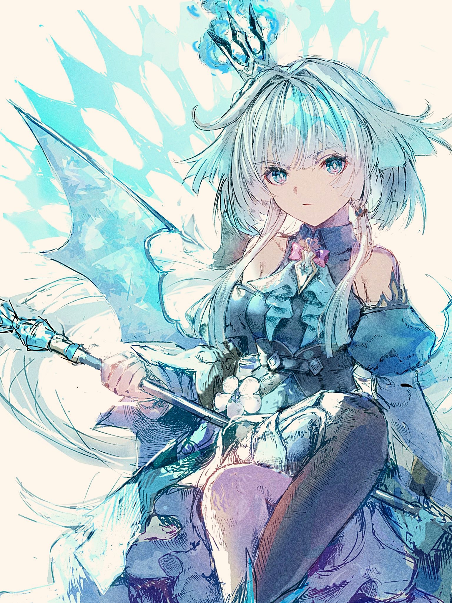 miton (vvse5752), cerydra (honkai: star rail), honkai: star rail, honkai (series), commentary request, highres, 1girl, black thighhighs, blue dress, blue eyes, blue hair, breasts, crossed legs, crown, detached sleeves, dress, holding, holding scepter, scepter, simple background, single thighhigh, sitting, small breasts, solo, thighhighs, white background, wings