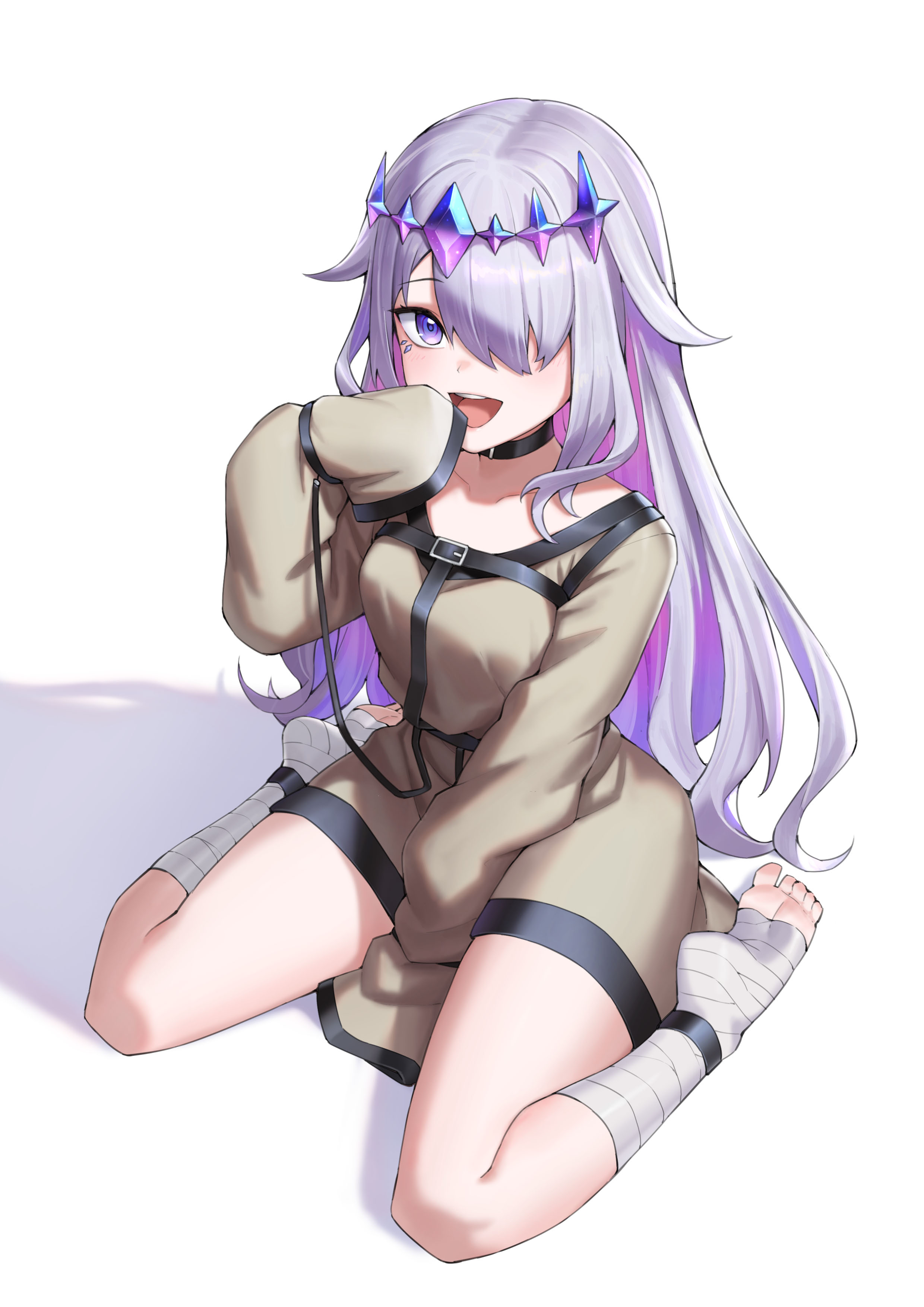 yubaest, koseki bijou, hololive, hololive english, absurdres, commentary, hashtag-only commentary, highres, 1girl, :d, bandaged foot, bandages, between legs, brown dress, colored inner hair, dress, full body, gem, gradient hair, hair flaps, hair over one eye, hand between legs, hand up, jewel under eye, long hair, long sleeves, looking at viewer, multicolored hair, no shoes, open mouth, pink hair, prison clothes, purple eyes, purple gemstone, purple hair, short dress, sidelocks, simple background, sitting, sleeves past fingers, sleeves past wrists, smile, soles, solo, teeth, toes, upper teeth only, very long hair, virtual youtuber, wariza, white background