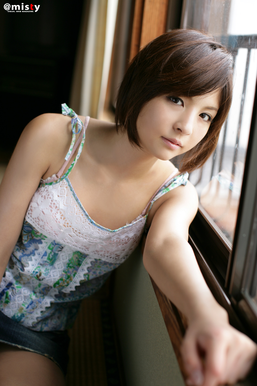nagasaki rina, highres, photo (medium), camisole, denim, miniskirt, short hair, skirt