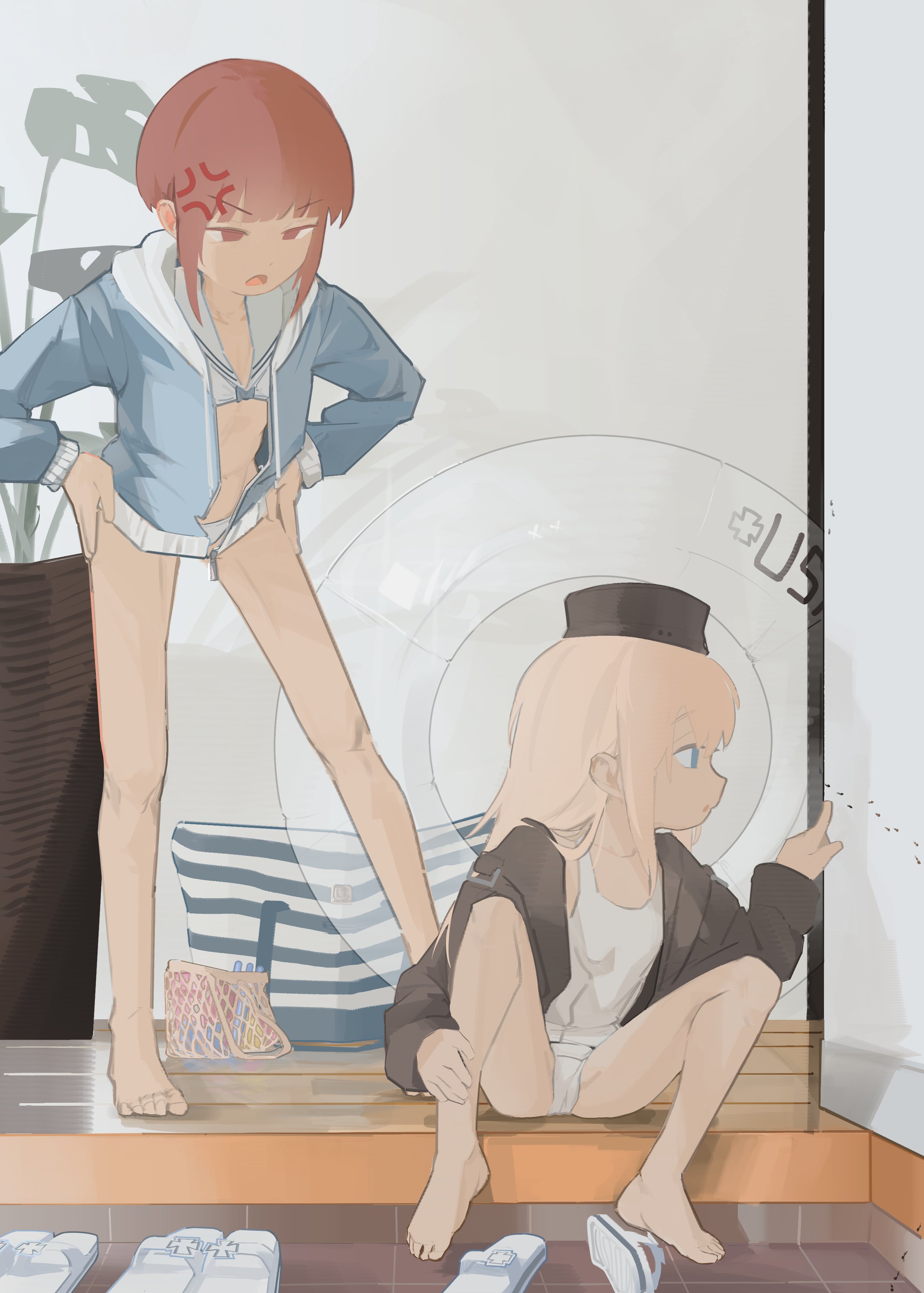 gomiba koko, u-511 (kancolle), z3 max schultz (kancolle), kantai collection, absurdres, hashtag-only commentary, highres, 2girls, anger vein, ant, bag, barefoot, bikini, black hat, black jacket, blonde hair, blue eyes, blue jacket, bug, garrison cap, hands on own hips, hat, innertube, insect, jacket, long hair, long sleeves, multiple girls, one-piece swimsuit, open clothes, open jacket, open mouth, plant, potted plant, sailor bikini, sailor collar, sandals, short hair, sitting, standing, swim ring, swimsuit, white bikini, white one-piece swimsuit, white sandals