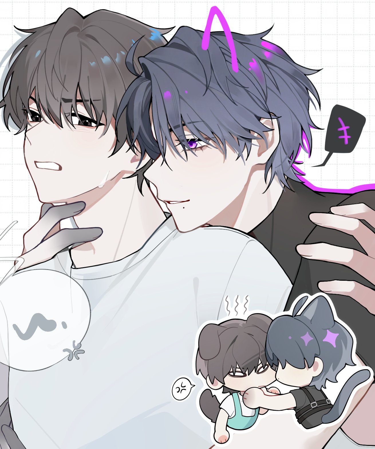 highres, 2boys, anger vein, animal ears, black shirt, brown hair, cat ears, cat tail, cha eui-jae, chibi, chibi inset, colored extremities, colored speech bubble, grey hair, grid background, hair between eyes, hand on another's neck, lee sa-young, light smile, male focus, mole, mole under mouth, multiple boys, parted lips, purple eyes, shirt, short hair, speech bubble, spoken anger vein, spoken squiggle, squiggle, sweat, tail, the hunter wants to live quietly, turtleneck, upper body, white background, white shirt, yyq1919