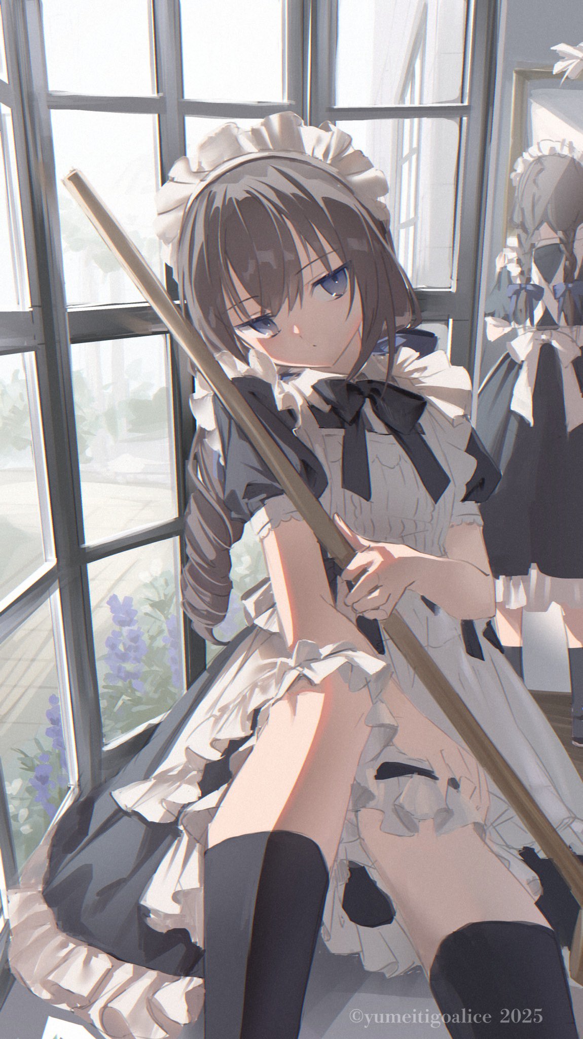 yumeichigo alice, original, highres, 1girl, 2girls, apron, black bow, black dress, blue eyes, bow, braid, broom, brown hair, dress, flower, frilled apron, frills, holding, holding broom, indoors, long hair, looking at viewer, maid, maid apron, maid headdress, multiple girls, puffy short sleeves, puffy sleeves, reflection, short sleeves, sitting, solo focus, twin braids, white apron, window