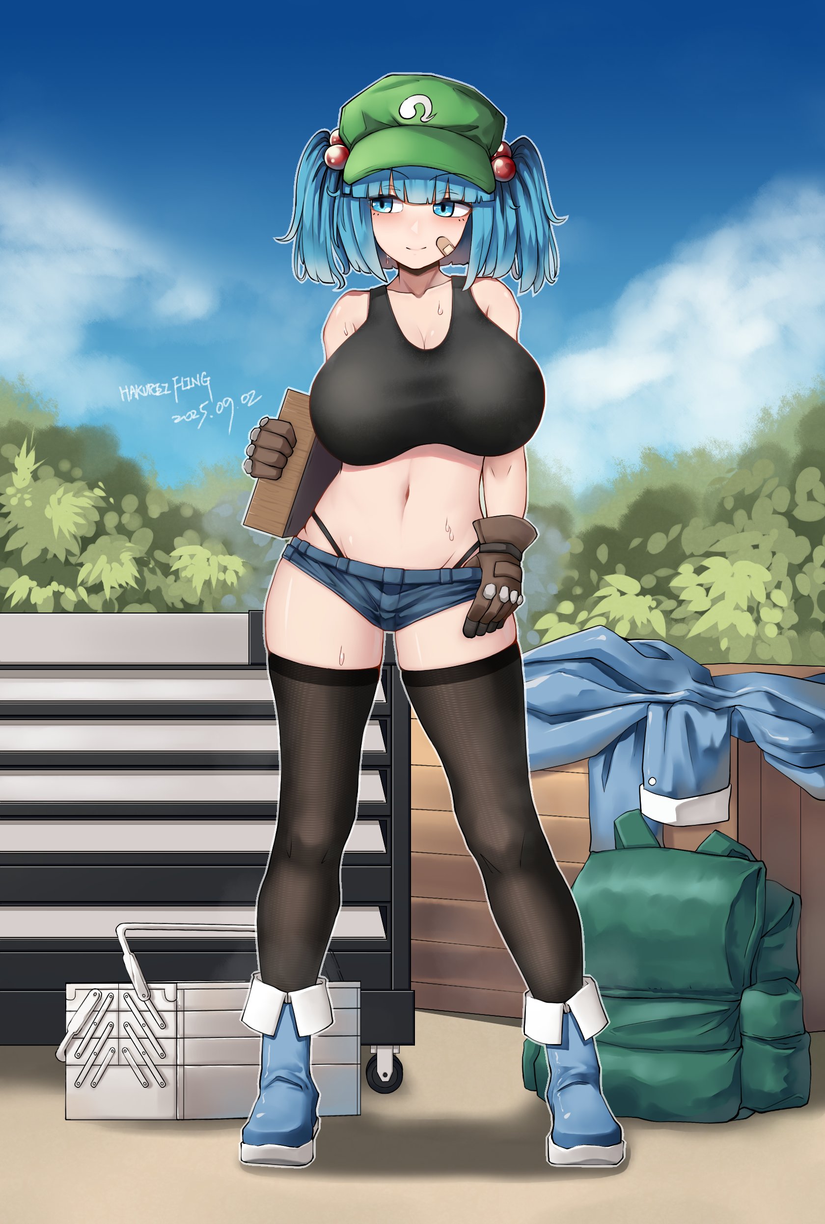 hakurei fling, kawashiro nitori, touhou, absurdres, duplicate, highres, 1girl, bandaid, blue boots, blue eyes, blue hair, blue sky, boots, breasts, cloud, crop top, denim, denim shorts, hat, large breasts, midriff, panties, shorts, sky, string panties, sweat, thighhighs, underwear