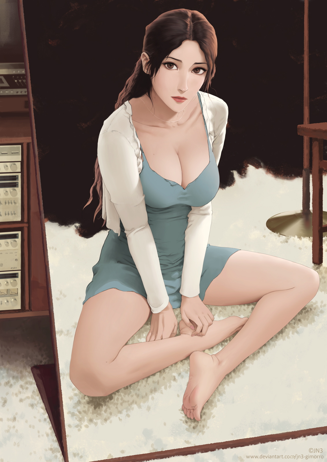 jn3, original, highres, 1girl, barefoot, blue dress, breasts, brown eyes, brown hair, cardigan, carpet, cleavage, collarbone, dress, earrings, eyeliner, feet, full-length mirror, jewelry, large breasts, lipstick, long hair, long sleeves, looking at viewer, makeup, mirror, mole, multiple moles, necklace, open cardigan, open clothes, sitting, solo, stereo, table, thighs, white cardigan