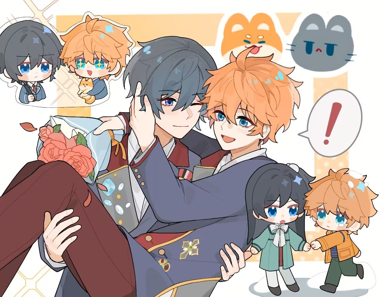 akehoshi subaru, hidaka hokuto, ensemble stars!, !, 2boys, ahoge, animal, black hair, bouquet, bow, carrying, chibi, chibi inset, closed mouth, crossdressing, crossdressing (mtf), flower, hair between eyes, hand on another's head, holding, holding animal, holding bouquet, jacket, long hair, looking at another, male focus, multiple boys, multiple views, one eye closed, open mouth, orange hair, orange jacket, princess carry, red flower, short hair, smile, speech bubble, spoken exclamation mark, white bow, yyq1919
