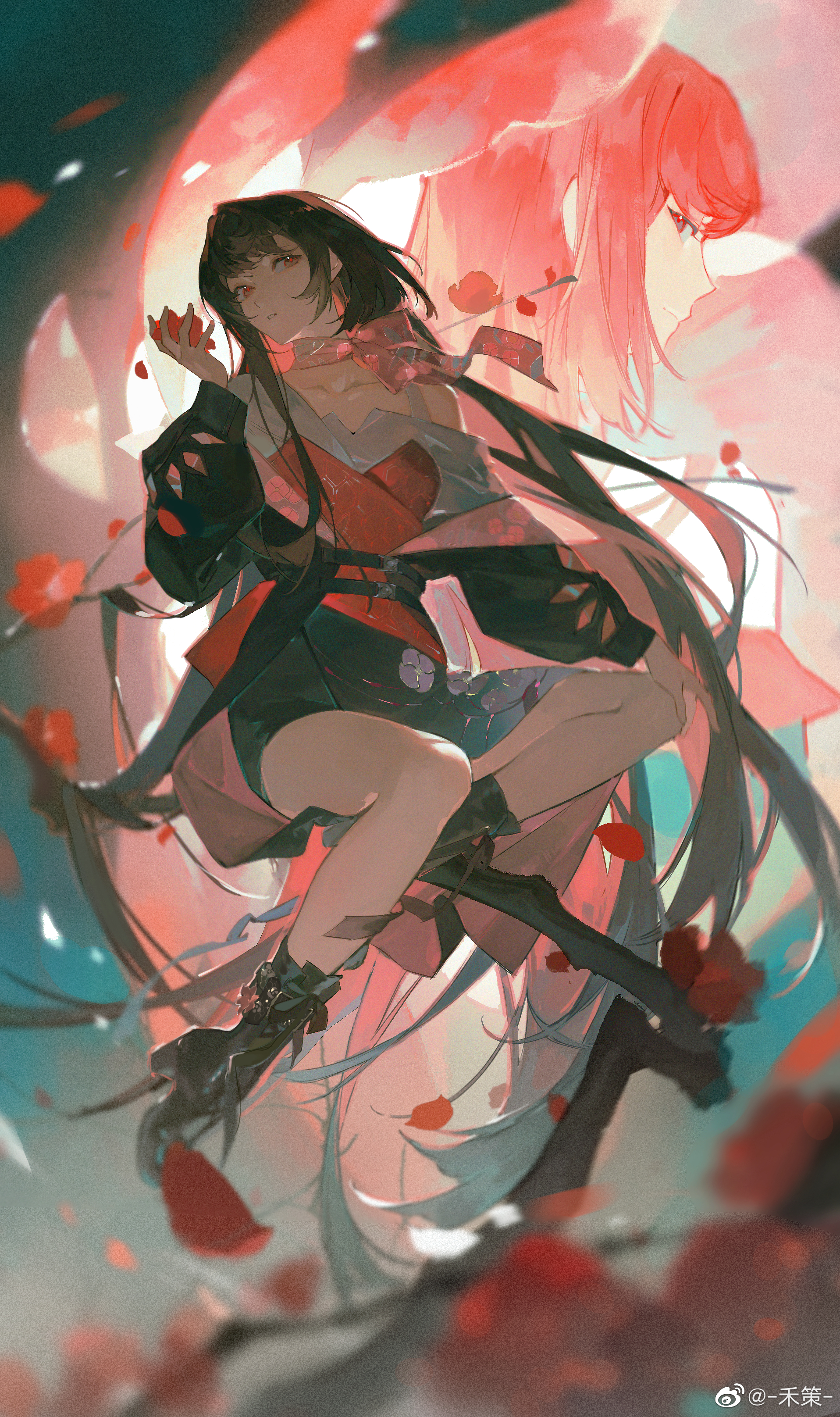 noland, absurdres, highres, 2girls, bare shoulders, black boots, black hair, boots, flower, long hair, long sleeves, multiple girls, non anonymous instruction, pink scarf, red eyes, red shirt, scarf, shirt