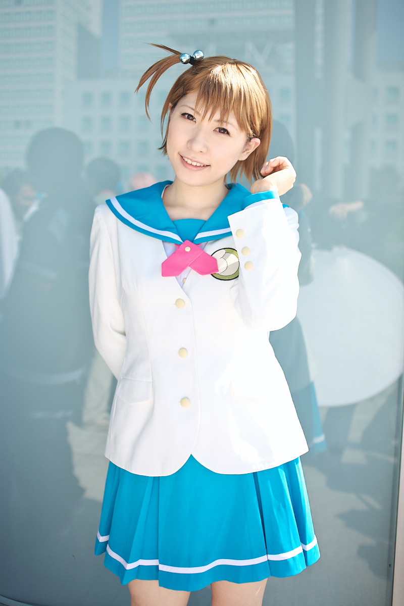 chippi, futami ami, idolmaster, idolmaster xenoglossia, highres, photo (medium), 1girl, asian, brown hair, cosplay, female focus, futami ami (cosplay), hair bobbles, hair ornament, looking at viewer, outdoors, pleated skirt, school uniform, serafuku, short hair, side ponytail, skirt, solo