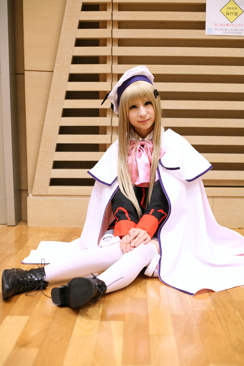 raiko, noumi kudryavka, little busters!, highres, photo (medium), beret, boots, cape, cosplay, hat, pleated skirt, sailor, school uniform, serafuku, skirt, thighhighs