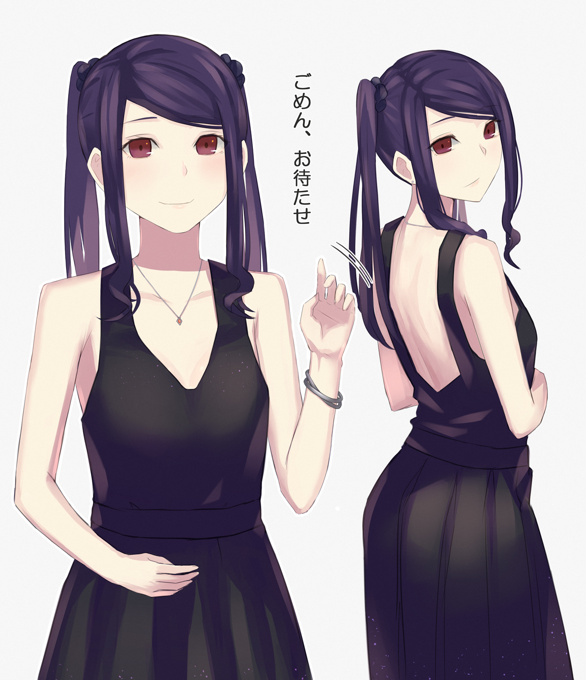 asakiri koko, jill stingray, va-11 hall-a, commentary request, highres, translation request, 1girl, black dress, bracelet, collarbone, cowboy shot, dress, grey background, jewelry, long hair, looking at viewer, motion lines, multiple views, necklace, purple hair, red eyes, sidelocks, simple background, swept bangs, twintails, waving
