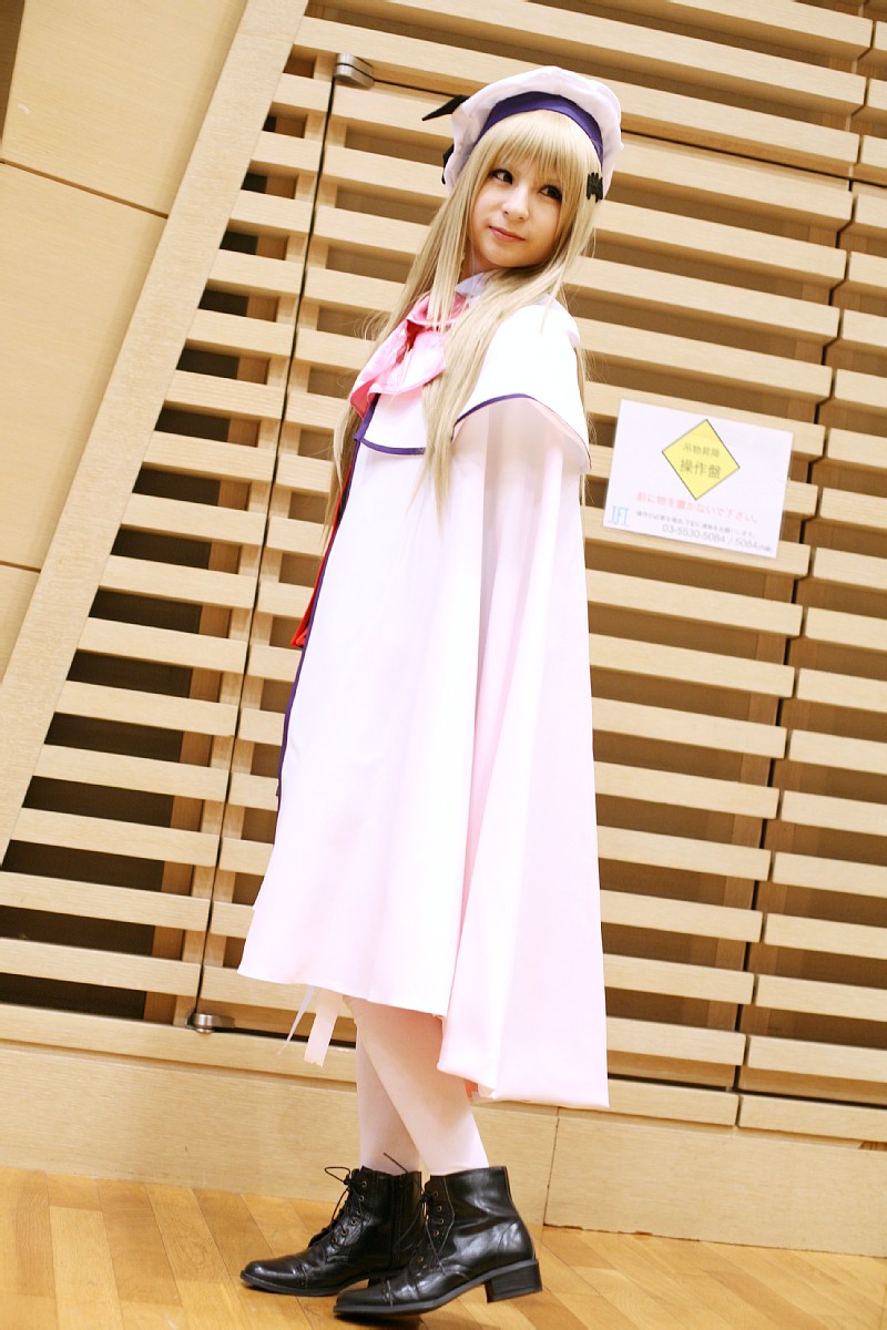 raiko, noumi kudryavka, little busters!, highres, photo (medium), beret, boots, cape, cosplay, hat, pleated skirt, sailor, school uniform, serafuku, skirt, thighhighs