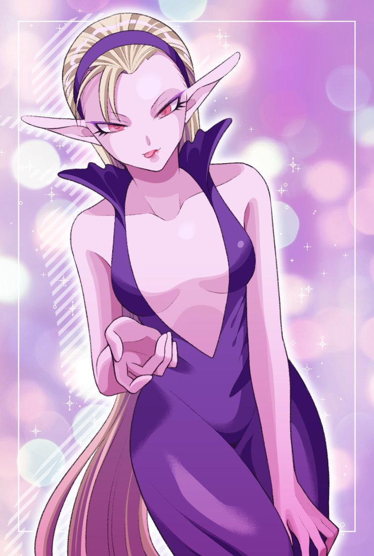minashirazu, leanan sidhe (megami tensei), persona, persona 5, shin megami tensei, commentary request, 1girl, bare shoulders, blonde hair, blurry, bokeh, breasts, colored skin, depth of field, dress, long hair, lower eyelashes only, makeup, medium breasts, pink skin, pointy ears, purple dress, red eyes, simple background, sleeveless, sleeveless dress, solo, sparkle, tongue, tongue out, very long hair