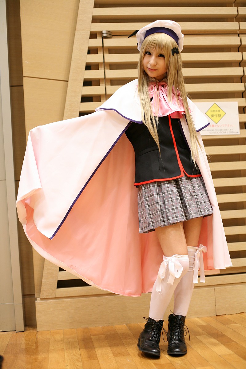 raiko, noumi kudryavka, little busters!, highres, photo (medium), beret, boots, cape, cosplay, hat, pleated skirt, sailor, school uniform, serafuku, skirt, thighhighs