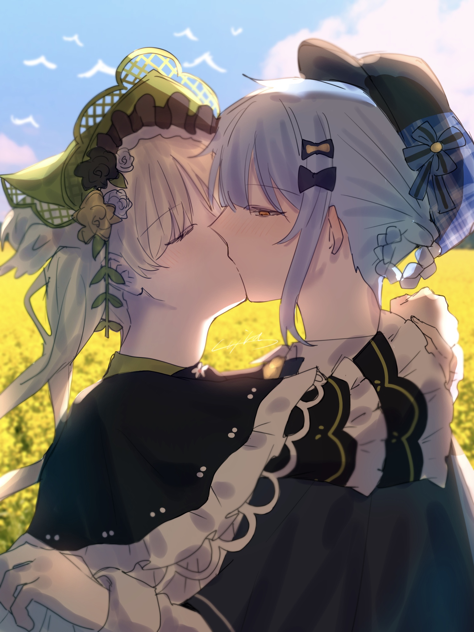 tachibana sherry, toono hanna, mahou shoujo no majo saiban, highres, 2girls, bird, blonde hair, blue hair, blue sky, bonnet, closed eyes, detective, dress, field, flower, flower field, frilled dress, frills, hime cut, hug, kiss, lolita fashion, long hair, magical girl, multiple girls, shira sagi12, short hair, sky, twintails, yellow eyes, yuri