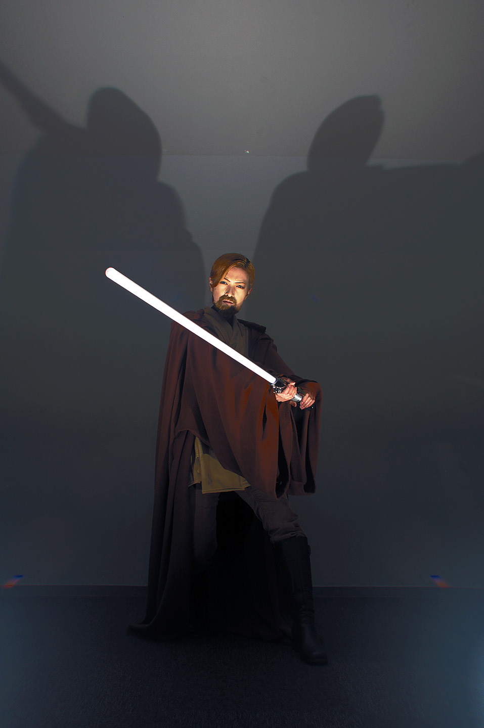 obi-wan kenobi, star wars, highres, photo (medium), beard, boots, cloak, cosplay, energy sword, facial hair, jedi, lightsaber, sakuya siina, sword, weapon