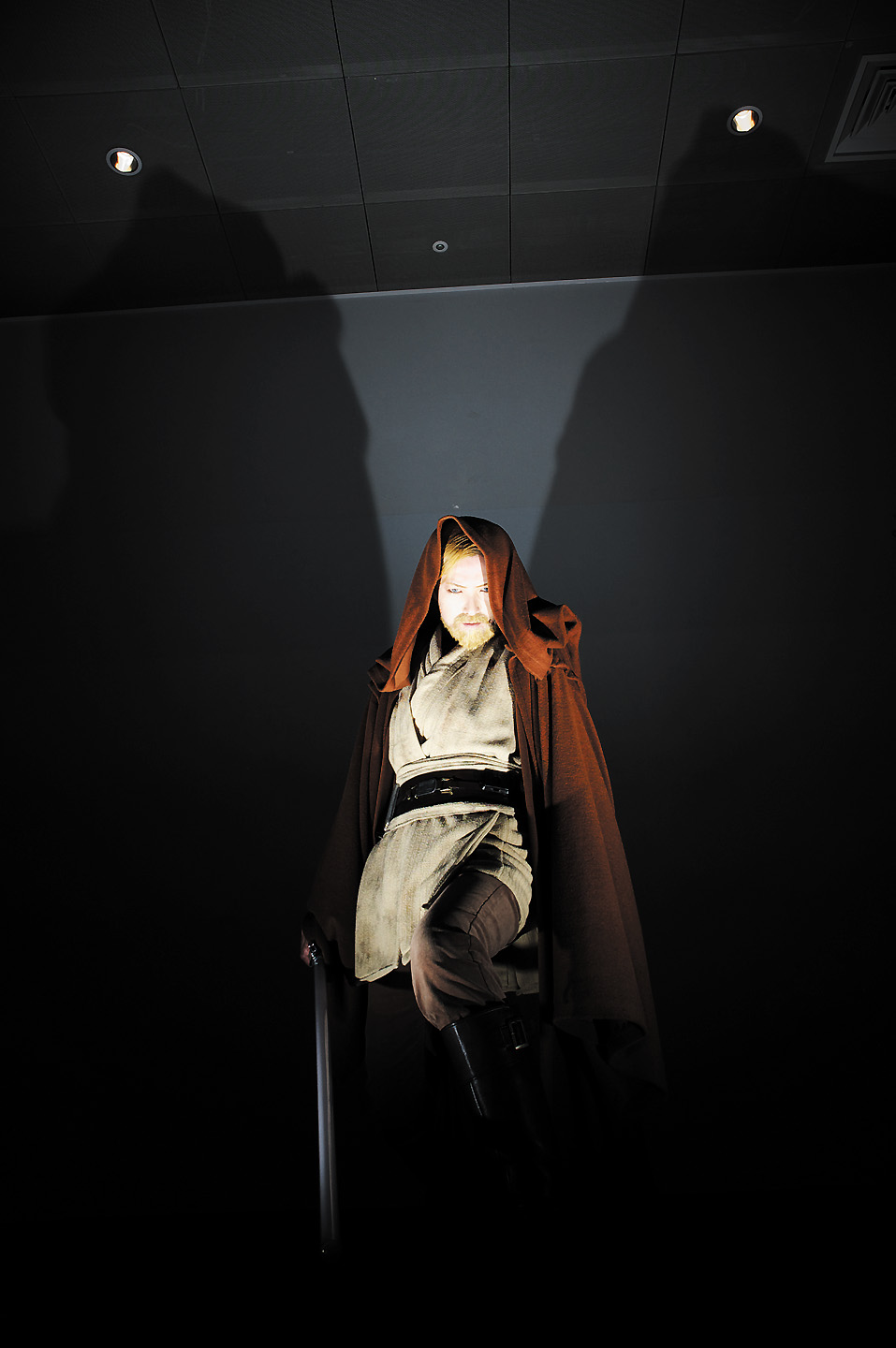 obi-wan kenobi, star wars, highres, photo (medium), beard, boots, cloak, cosplay, energy sword, facial hair, jedi, lightsaber, sakuya siina, sword, weapon
