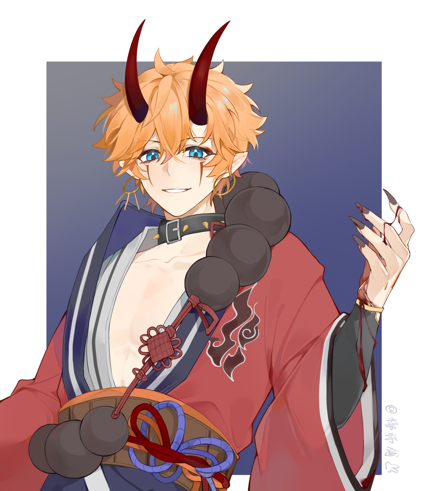akehoshi subaru, ensemble stars!, chinese commentary, highres, 1boy, belt collar, black choker, black nails, blue eyes, choker, collar, demon horns, eyeshadow, facial mark, fingernails, hair between eyes, horns, japanese clothes, long sleeves, makeup, male focus, obi, official alternate costume, orange hair, parted lips, pointy ears, red eyeshadow, red horns, sash, sharp fingernails, short hair, smile, solo, spiked collar, spikes, upper body, wide sleeves, yyq1919