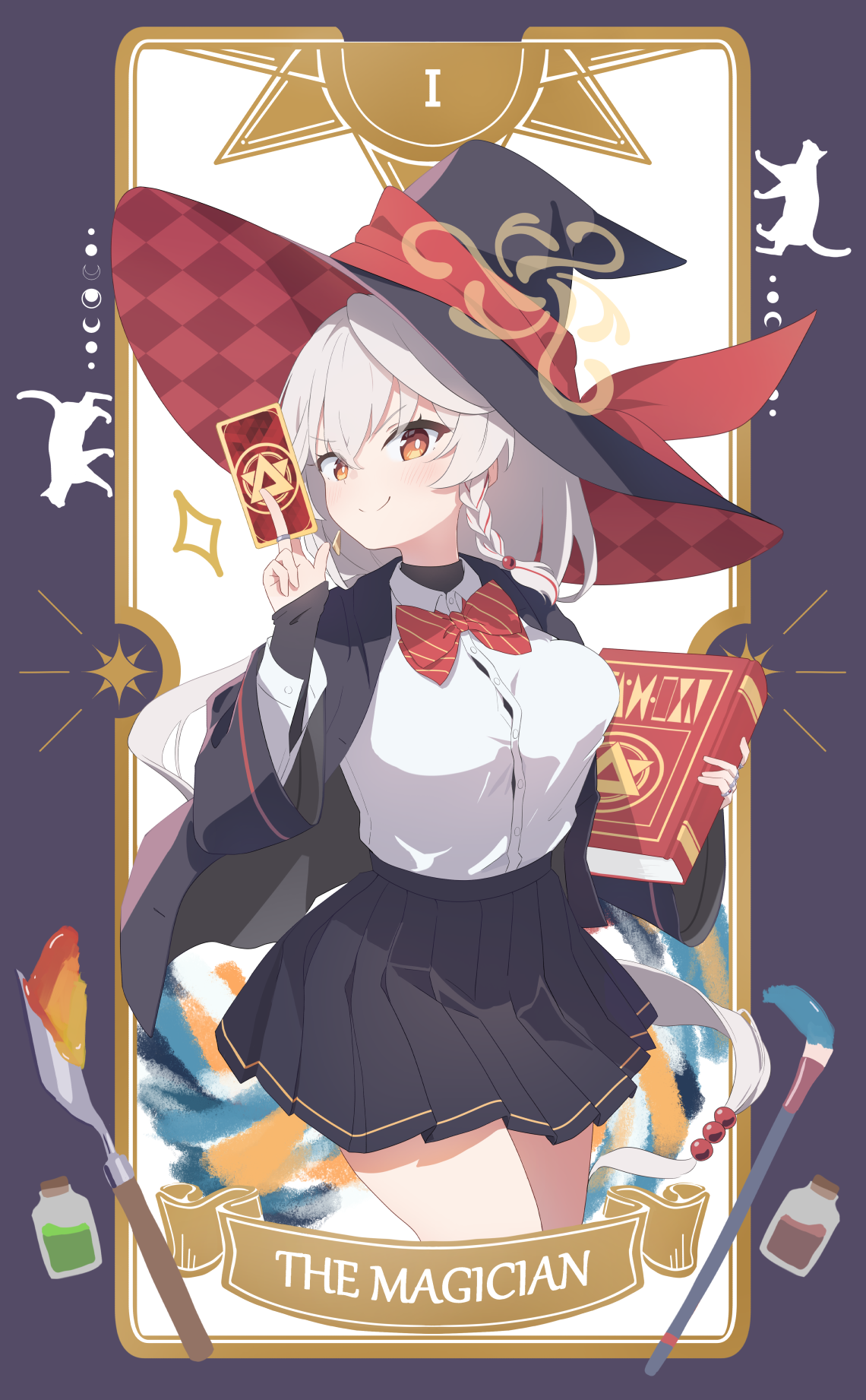 gaaratelier, eri (blue archive), blue archive, commentary request, highres, >:), 1girl, black border, black hat, black jacket, black skirt, blush, book, border, bow, bowtie, braid, breasts, bright pupils, card, closed mouth, collared shirt, cowboy shot, diagonal-striped bow, diagonal-striped bowtie, diagonal-striped clothes, dress shirt, dual wielding, english text, grey hair, hair between eyes, hair bobbles, hair ornament, halo, hand up, hat, holding, holding book, holding card, jacket, jewelry, large breasts, long hair, long sleeves, looking at viewer, low ponytail, miniskirt, multiple rings, orange eyes, outside border, pleated skirt, ponytail, red bow, red bowtie, ring, school uniform, shirt, simple background, single braid, skirt, sleeves past wrists, smile, smug, solo, split mouth, striped bow, striped bowtie, striped clothes, tarot, tarot card, turtleneck, v-shaped eyebrows, very long hair, white background, white pupils, white shirt, wide sleeves, witch, witch hat, yellow halo
