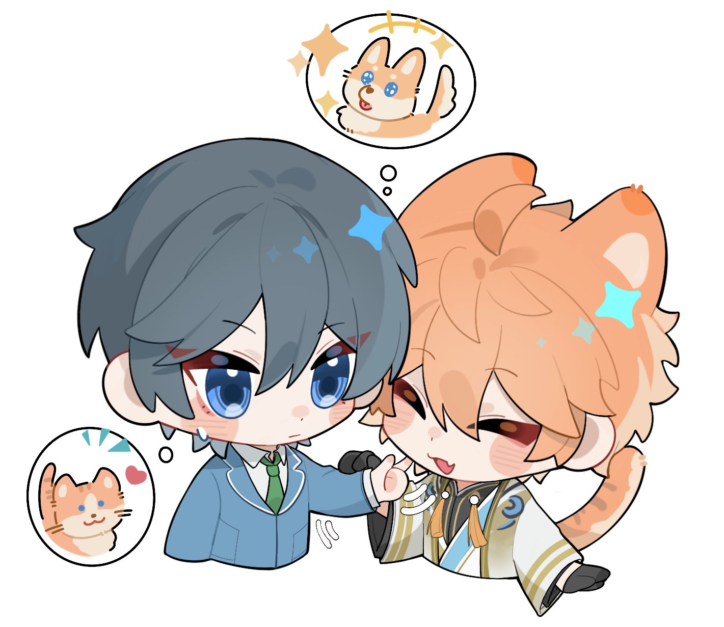 akehoshi subaru, hidaka hokuto, ensemble stars!, highres, 2boys, animal ears, black hair, blue eyes, blue jacket, blush stickers, chibi, chibi only, closed eyes, closed mouth, dog ears, green necktie, hand on another's chin, image in thought bubble, index finger raised, jacket, kemonomimi mode, long sleeves, male focus, multiple boys, necktie, open mouth, orange hair, school uniform, smile, tail, tassel, upper body, yyq1919
