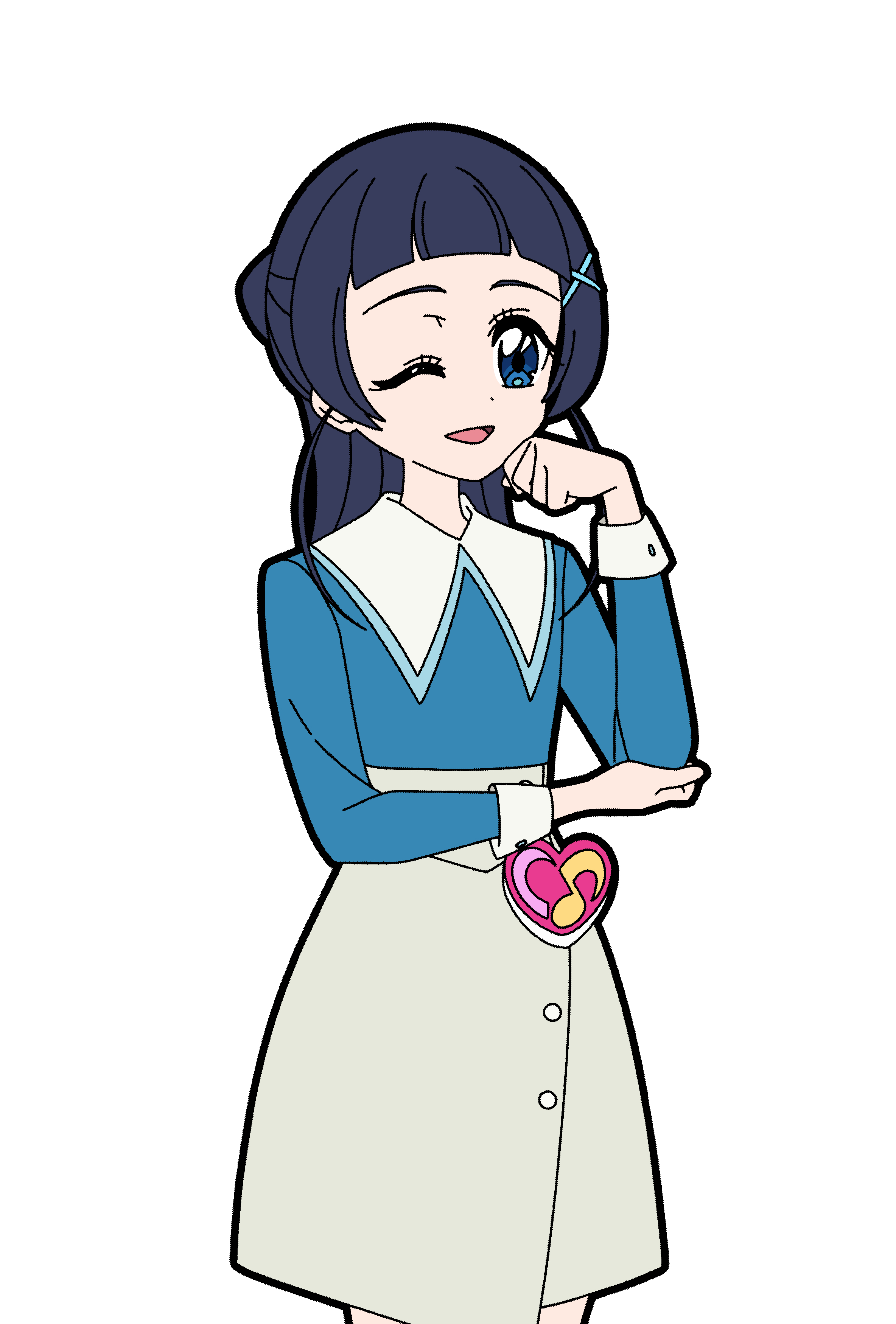 masami 01st, aokaze nana, kimi to idol precure, precure, absurdres, commentary, highres, 1girl, ;d, arched bangs, blue eyes, blue hair, blue shirt, brooch, clenched hand, collared shirt, contrast collar, cowboy shot, dot nose, grey skirt, hair bun, hair ornament, hand on own chin, hand on own elbow, heart, heart brooch, heart brooch holder, high-waist skirt, idol heart brooch, jewelry, long hair, long sleeves, looking at viewer, one eye closed, open mouth, shirt, simple background, single hair bun, skirt, sleeve cuffs, smile, solo, standing, white background, white sleeve cuffs, x hair ornament