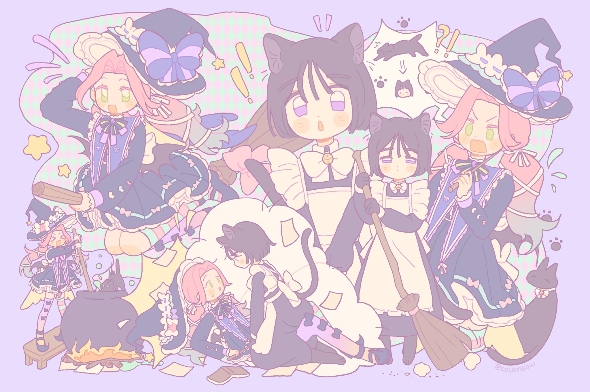 coldmeow, mizi (alien stage), sua (alien stage), alien stage, commentary, english commentary, highres, !, !!, !?, 2girls, alternate costume, animal ears, apron, bell, black bow, black bowtie, black cat, black dress, black gloves, blue hair, bow, bowtie, broom, cat, cat ears, cat girl, cat tail, cauldron, collar, dress, frilled apron, frills, girl on top, gloves, gradient hair, green eyes, hair ribbon, hat, hat bow, holding, holding broom, holding wand, long hair, low twintails, maid, maid apron, multicolored hair, multiple girls, neck bell, open mouth, pink hair, purple bow, purple collar, purple eyes, ribbon, short hair, star (symbol), tail, twintails, two-tone hair, wand, white apron, white bow, white bowtie, white ribbon, witch, witch hat, yuri